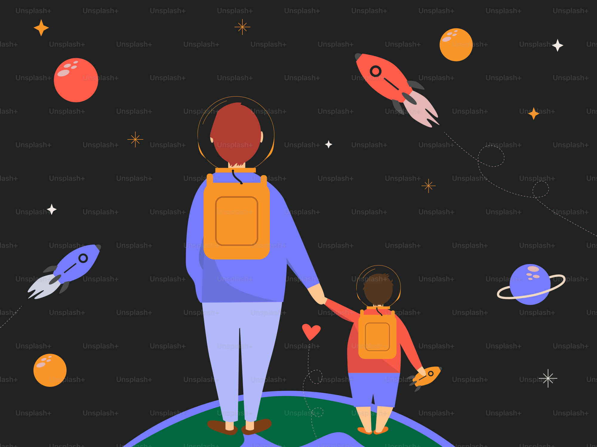 a woman and child are standing on top of a planet