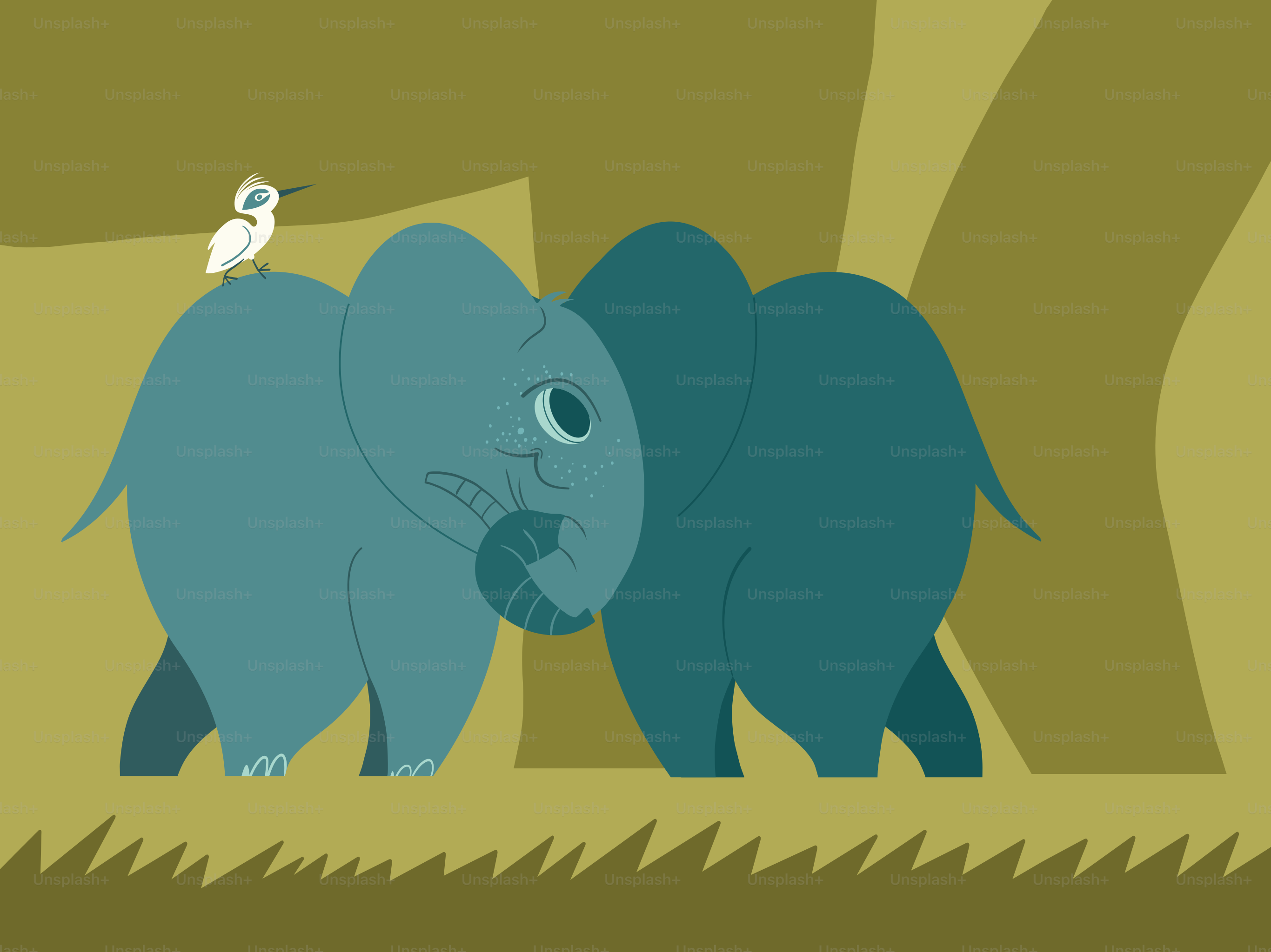 un éléphant et un oiseau debout l’un à côté de l’autre