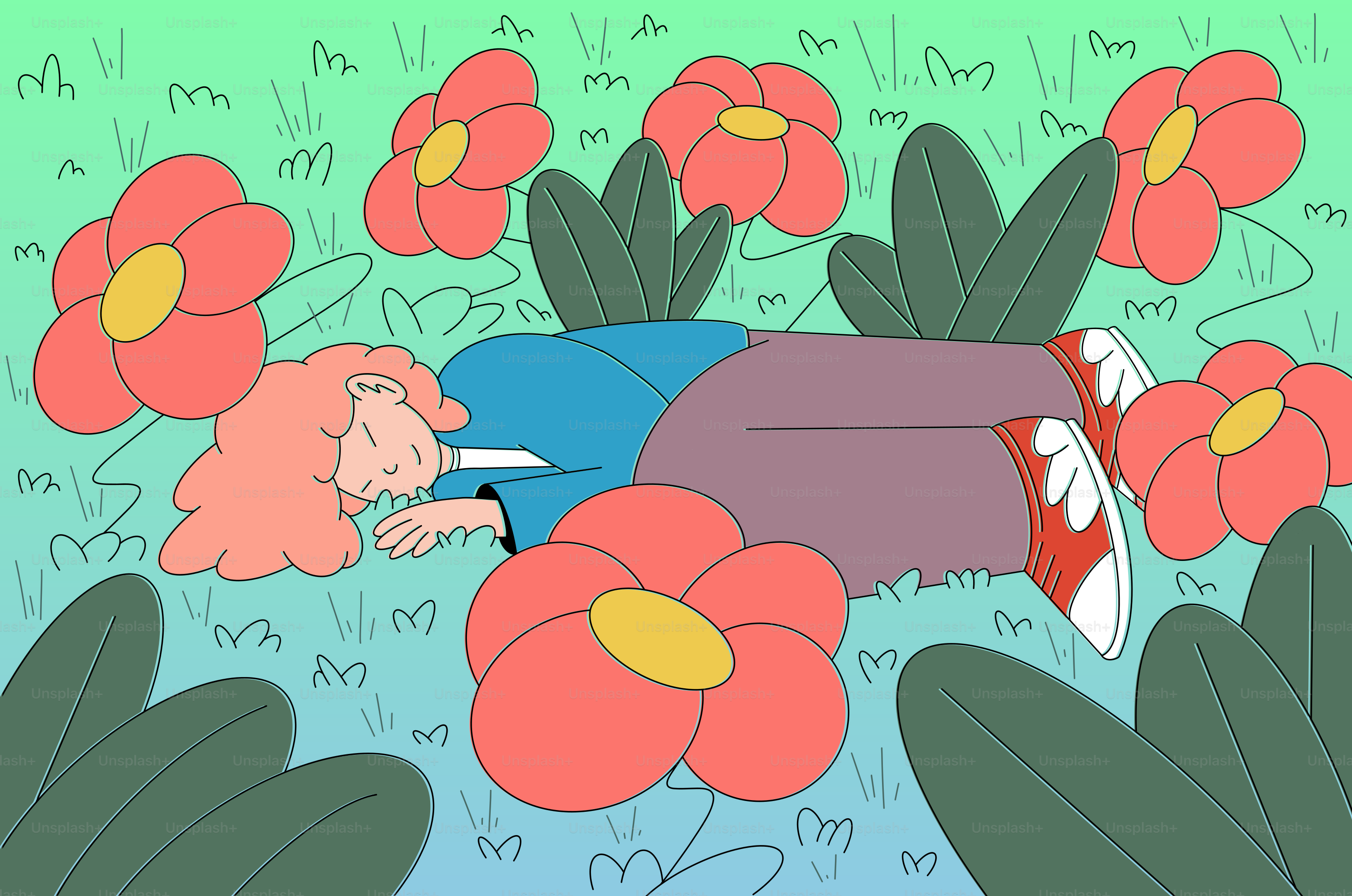 a cartoon of a man sleeping in a field of flowers