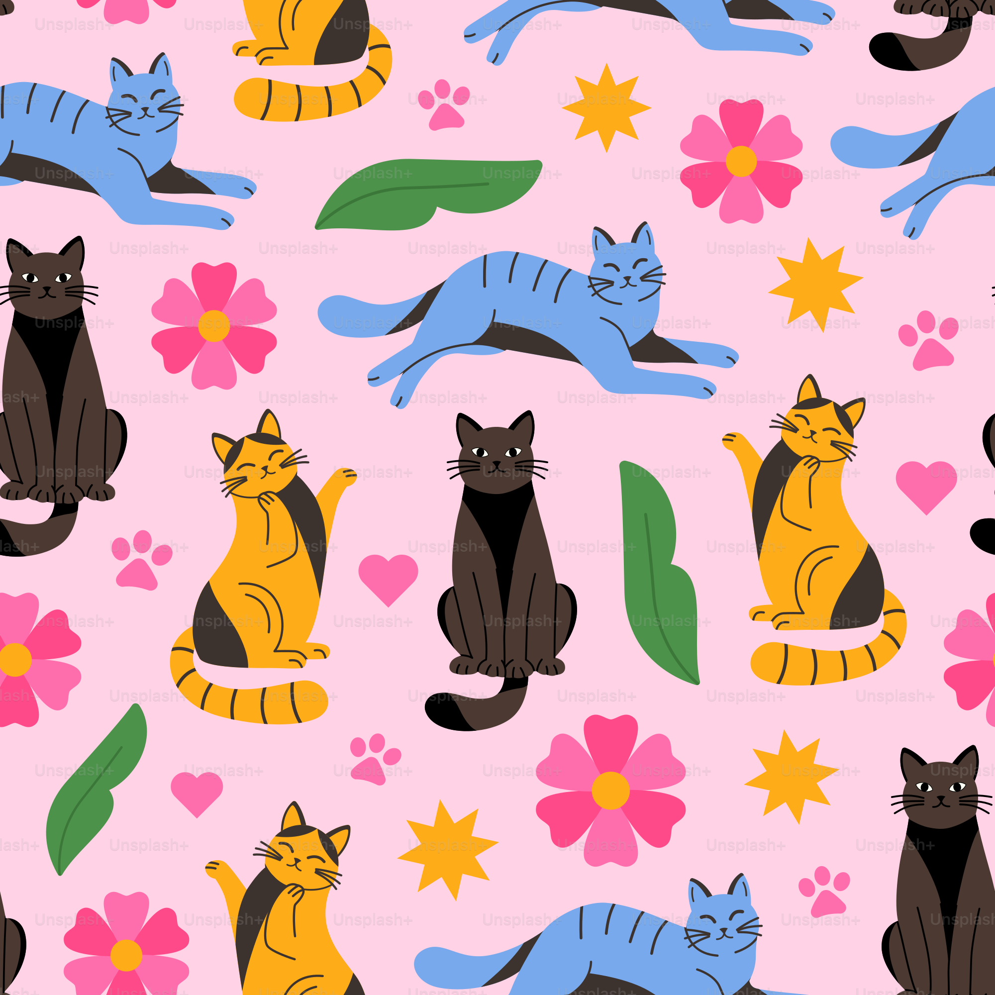 a group of cats sitting next to each other on a pink background