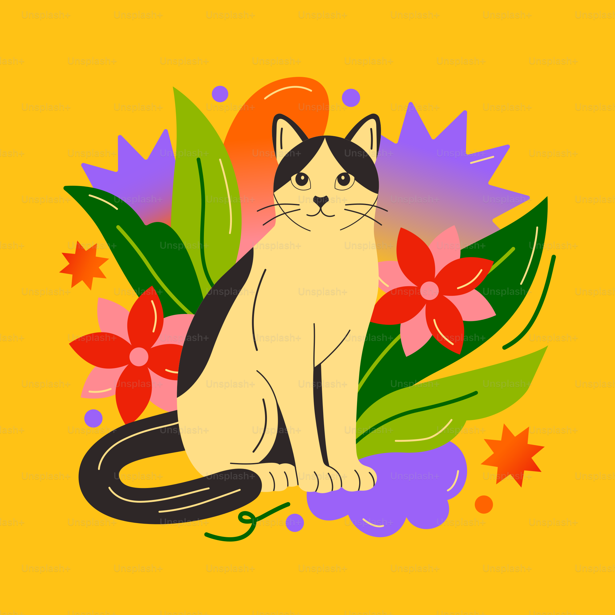 a black and white cat sitting on a yellow background