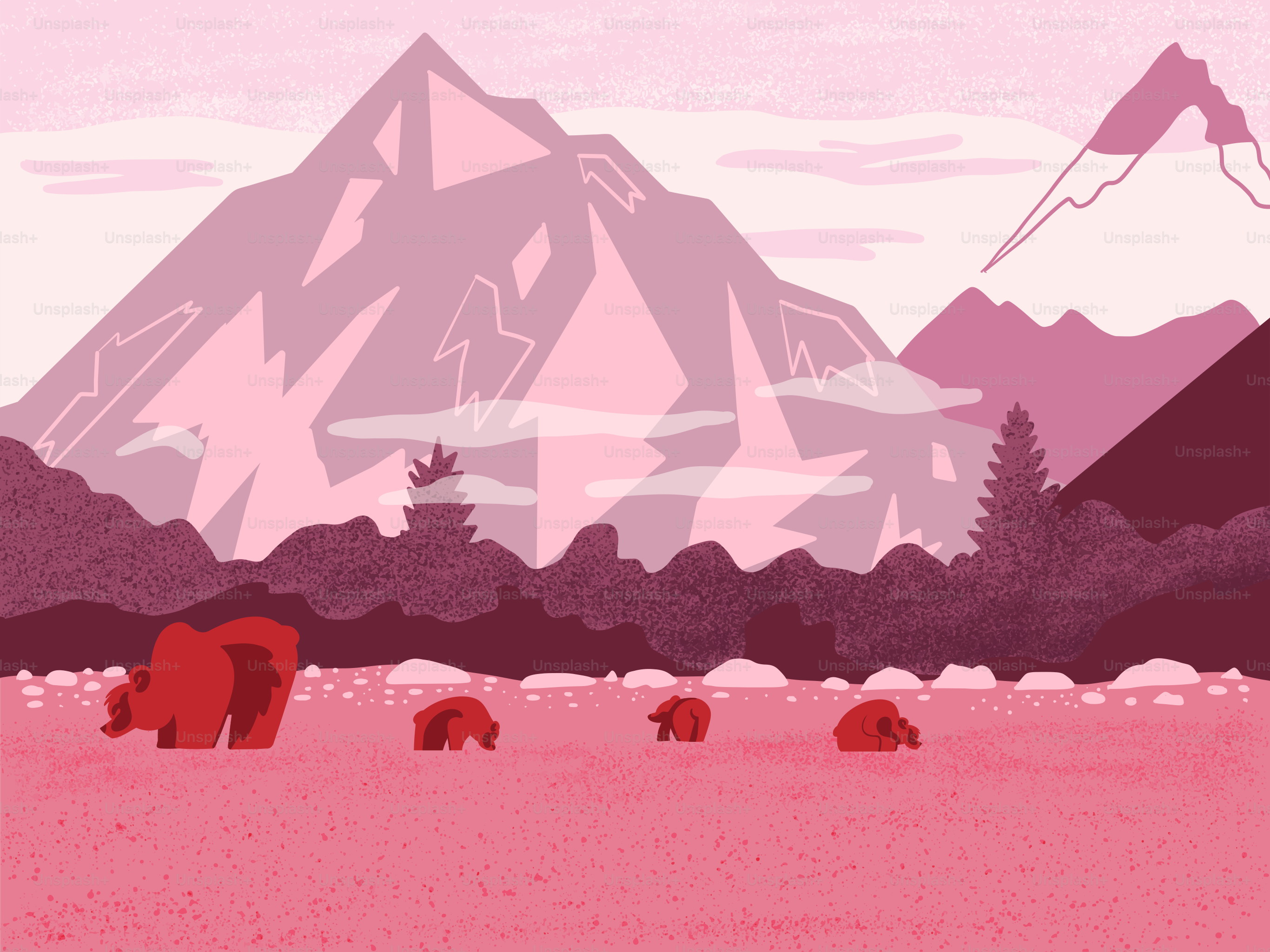 a painting of a mountain range with a group of bears in the foreground