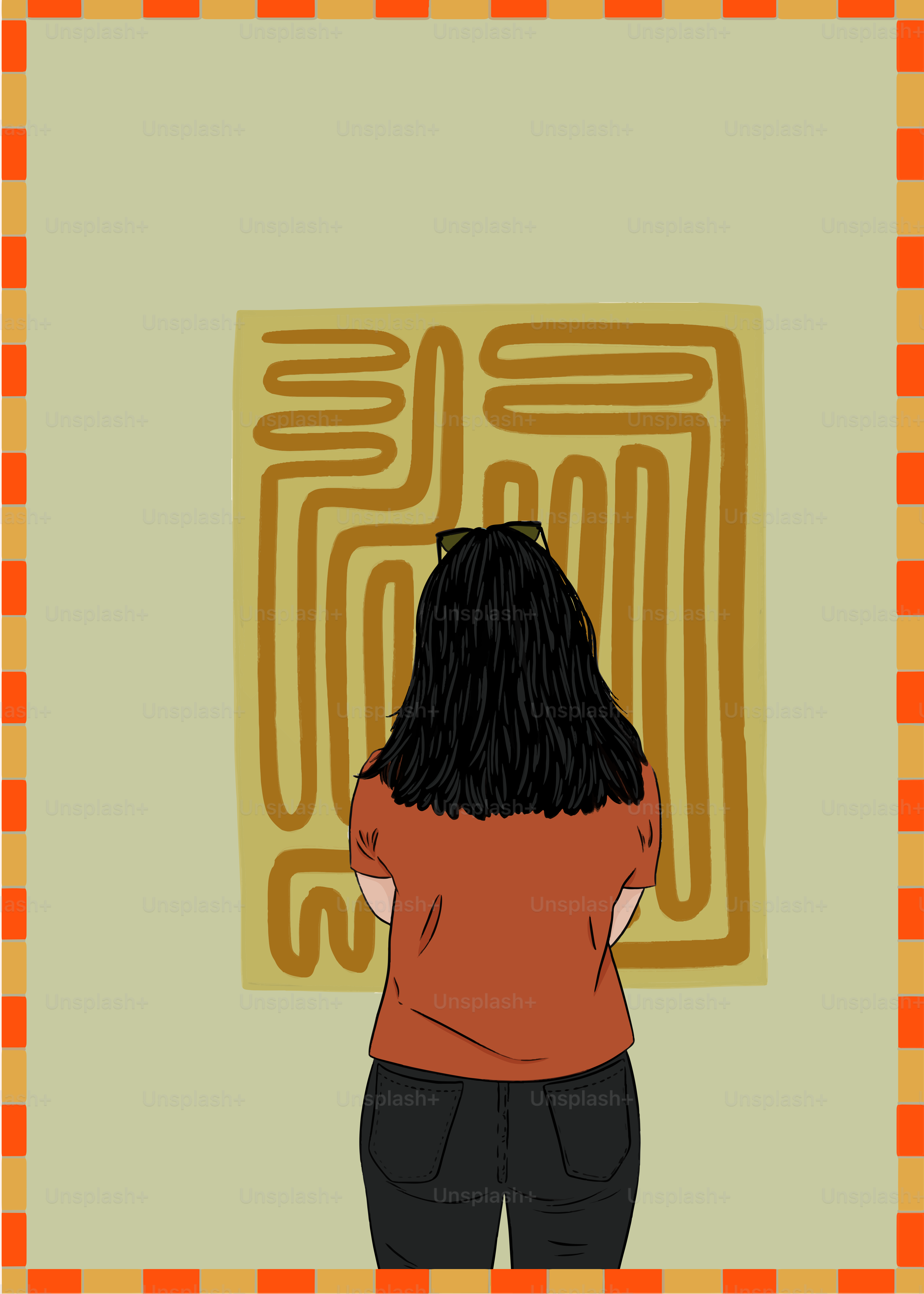 a woman standing in front of a painting on a wall