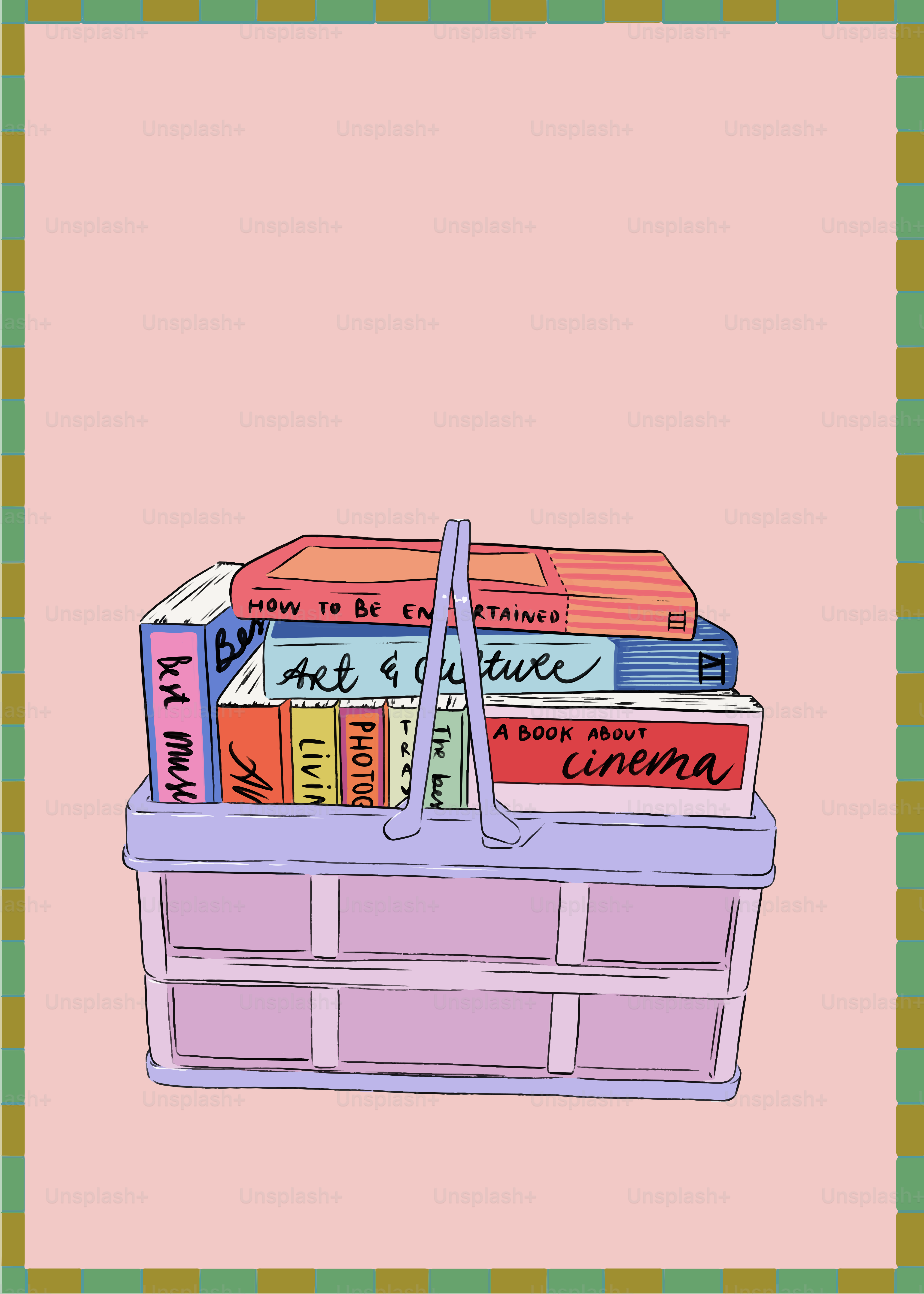 a drawing of a stack of books on a pink background
