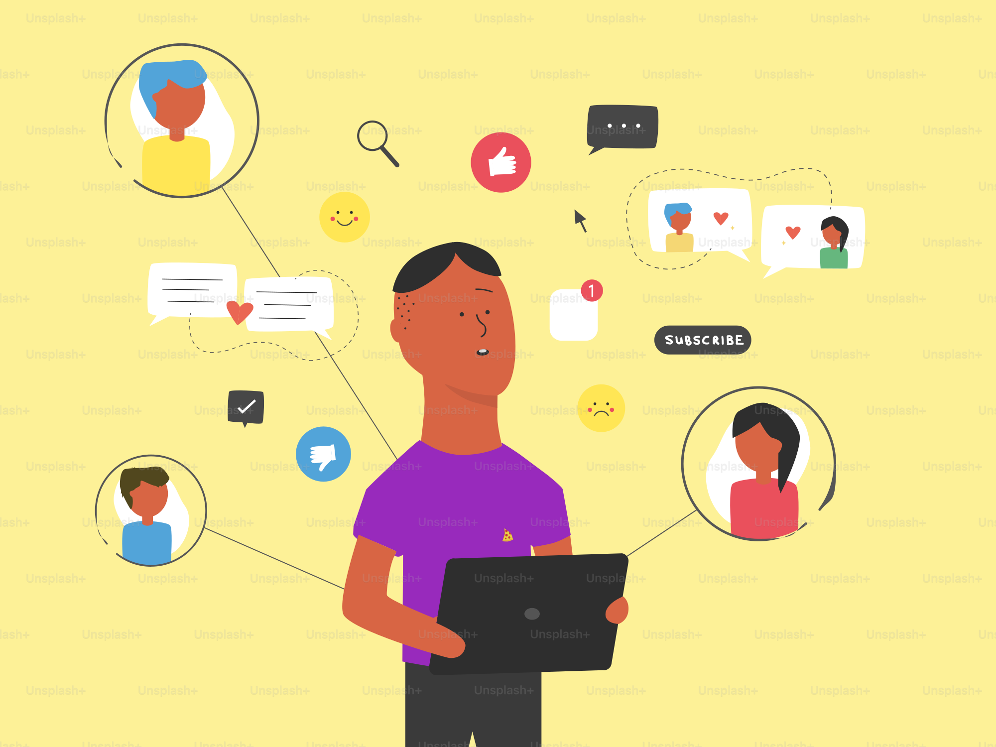 a man holding a laptop surrounded by social icons