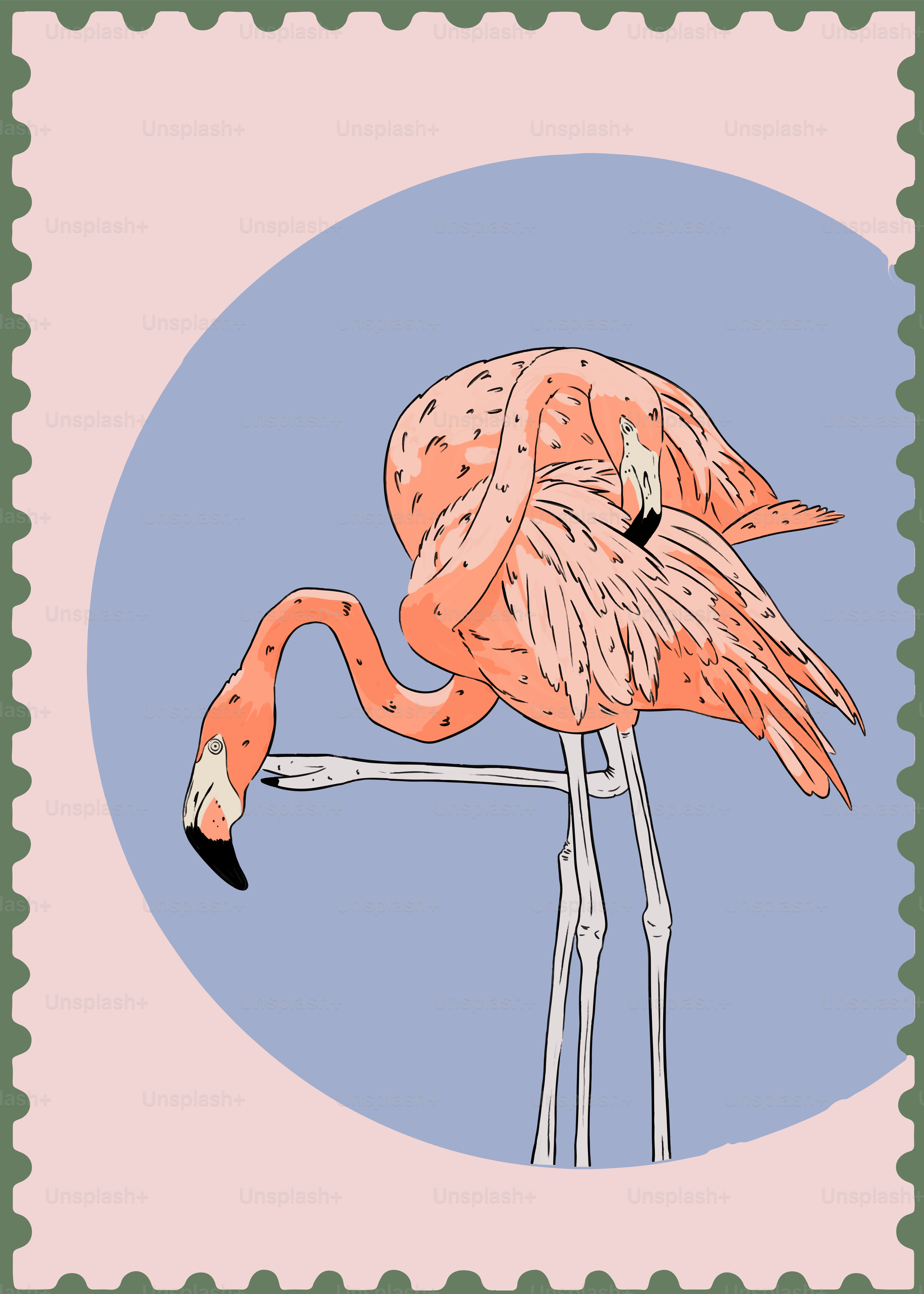 a pink flamingo standing on top of a wooden pole