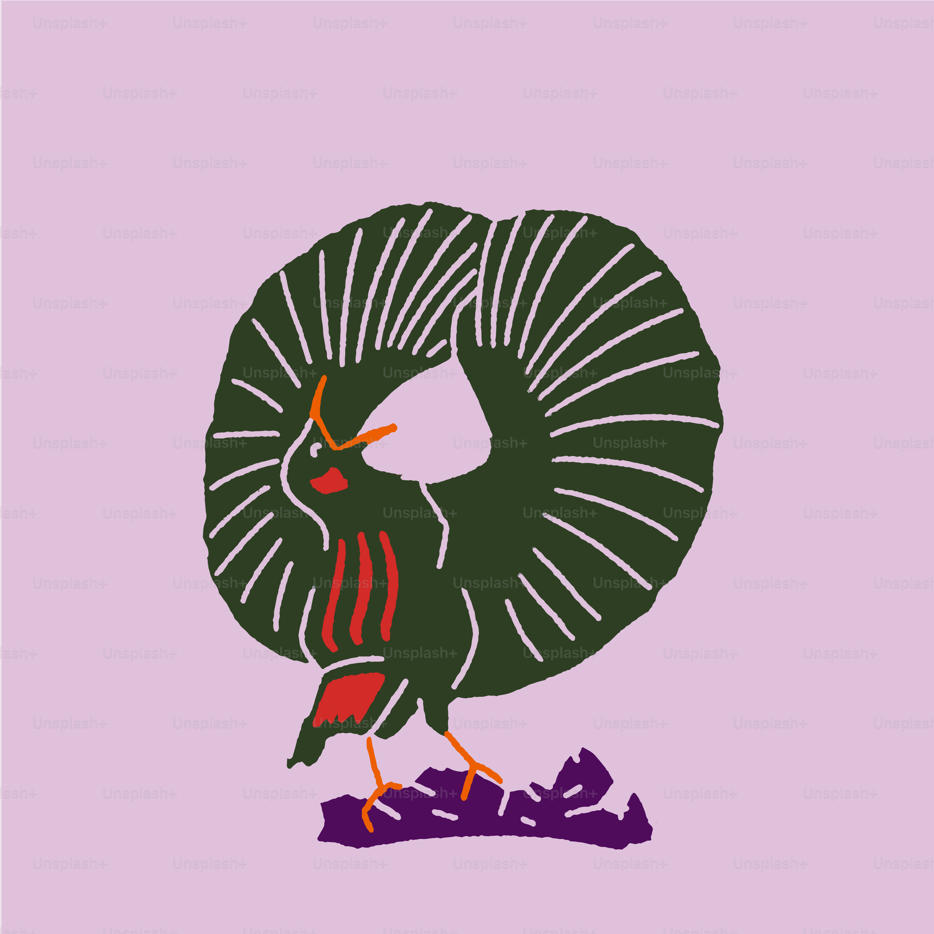 a drawing of a bird on a purple background