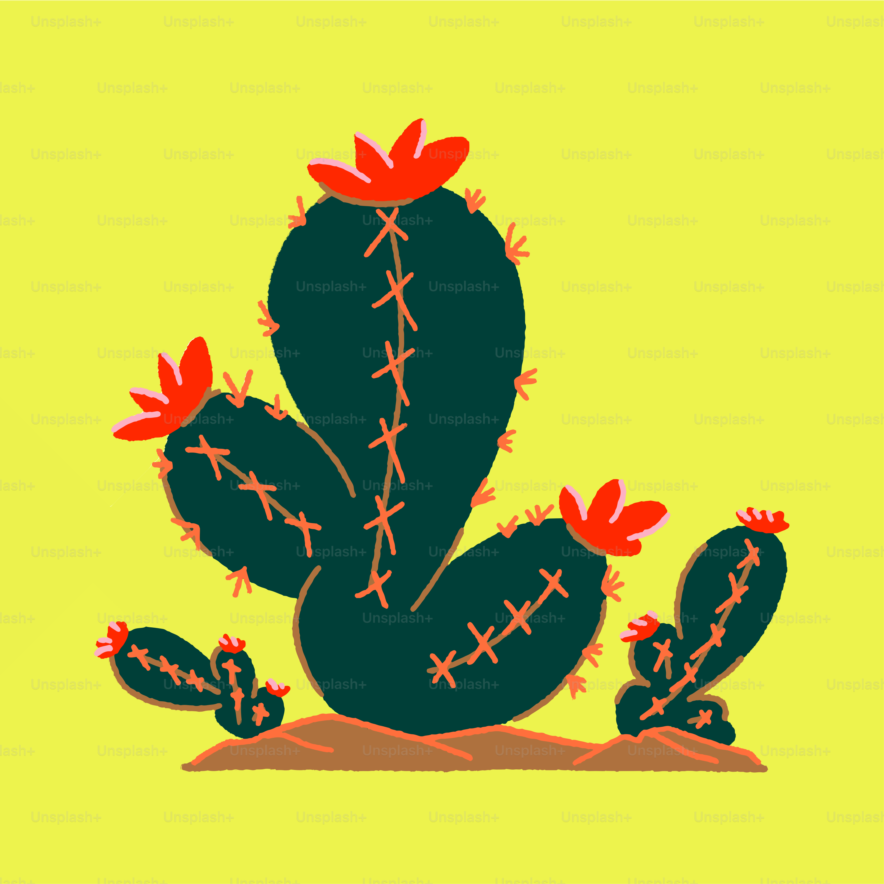 un cactus vert avec des fleurs rouges sur fond jaune