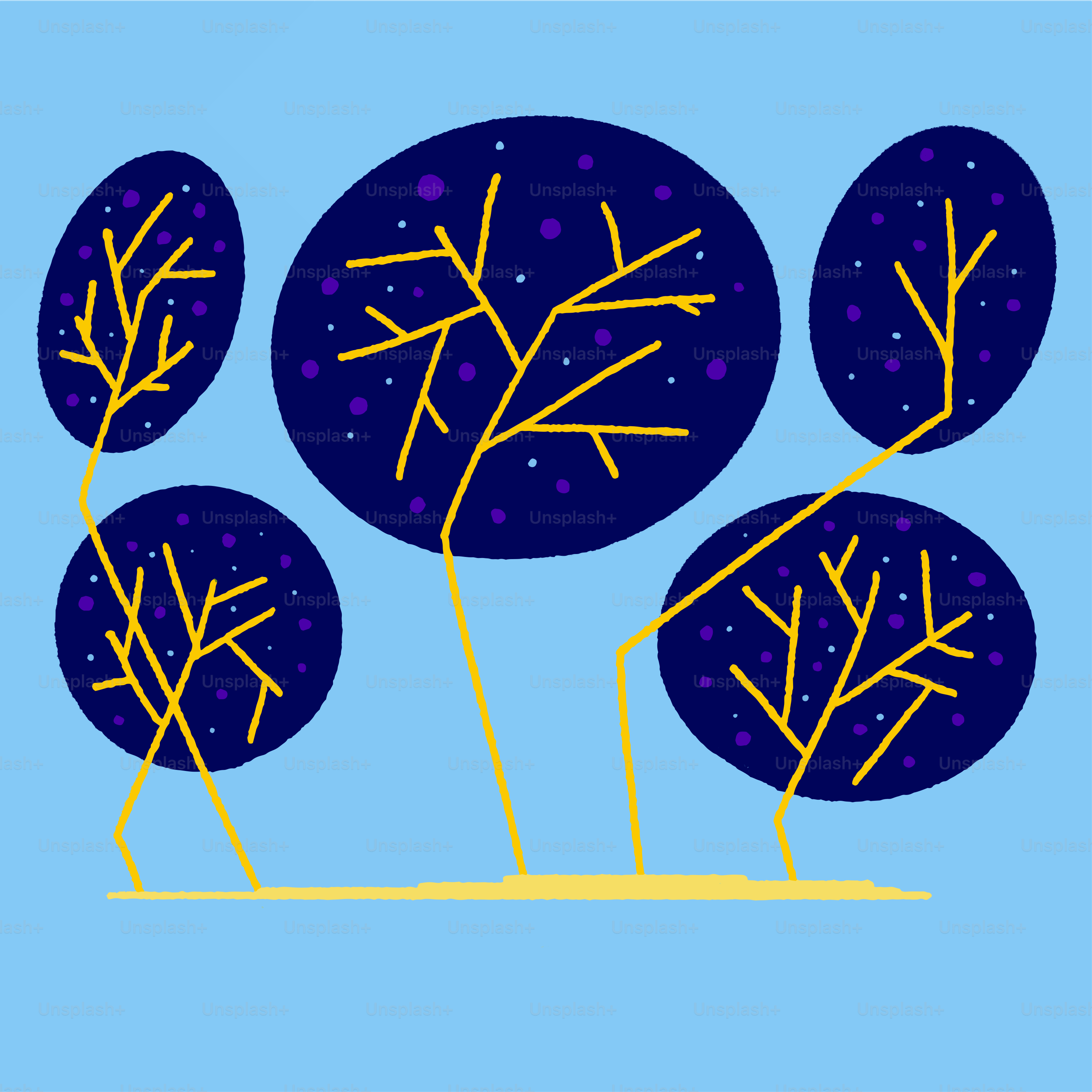 un fond bleu avec des arbres jaunes et des points