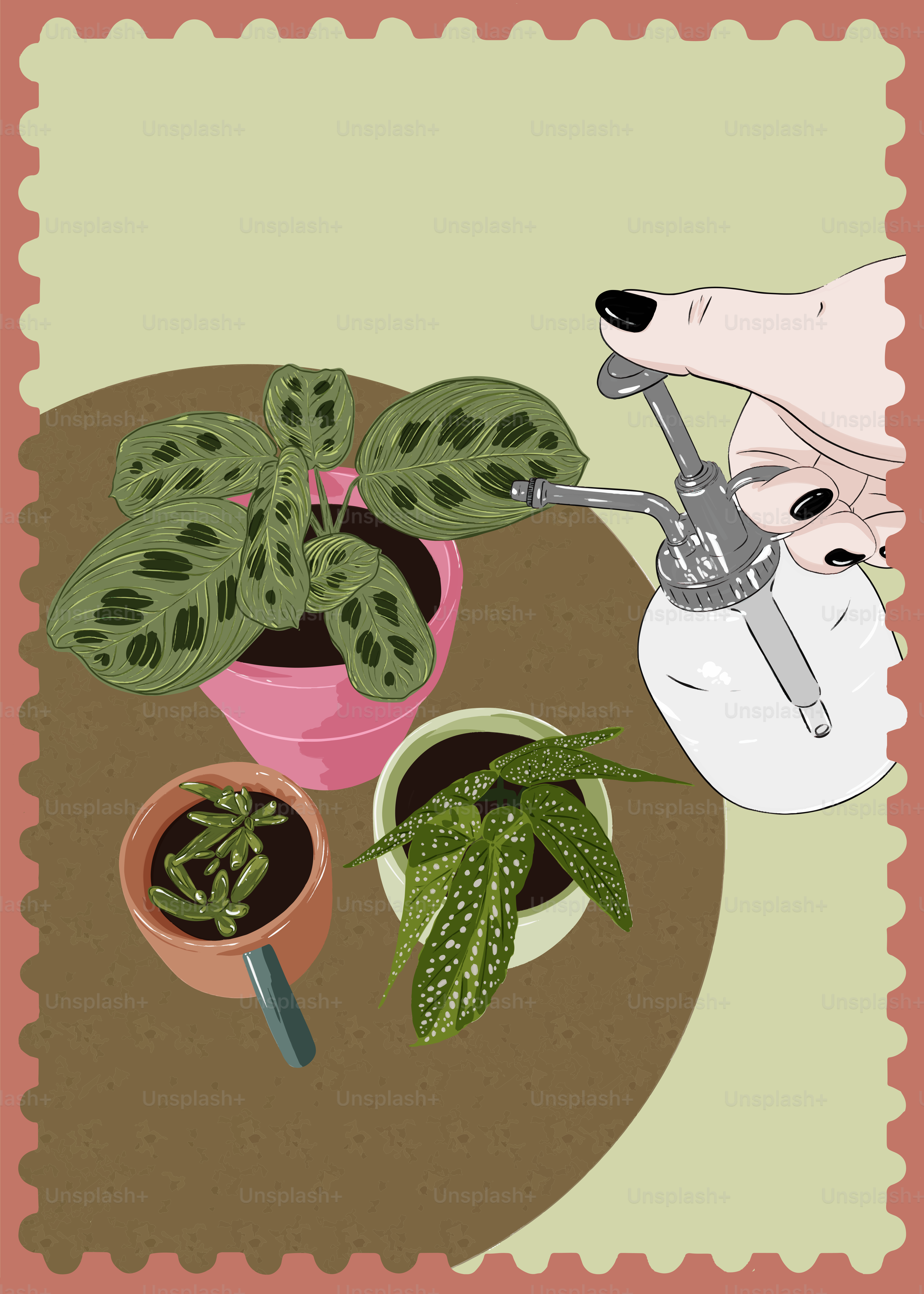 a painting of a potted plant and a watering hose