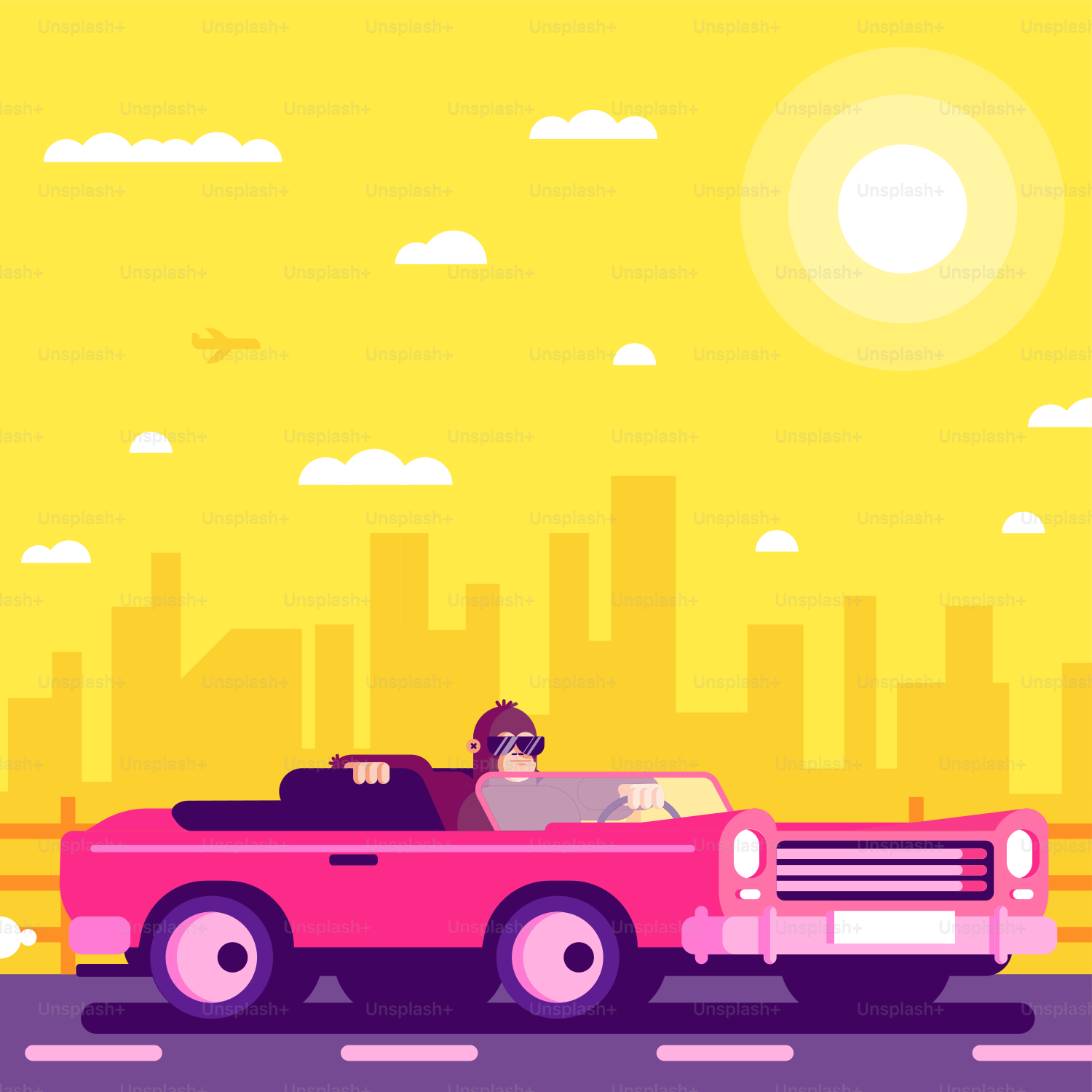 a man driving a pink convertible car down a street