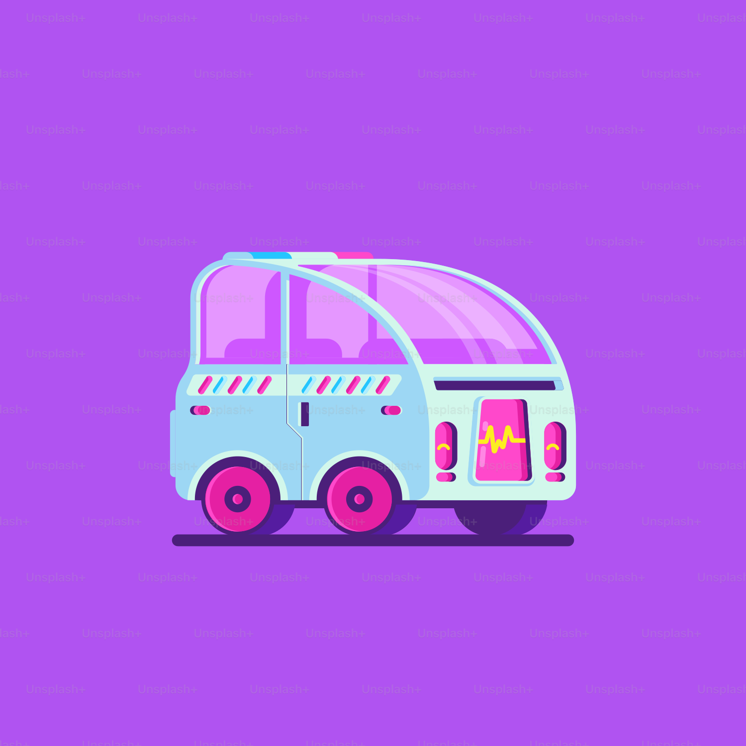 a small bus with a pink roof on a purple background