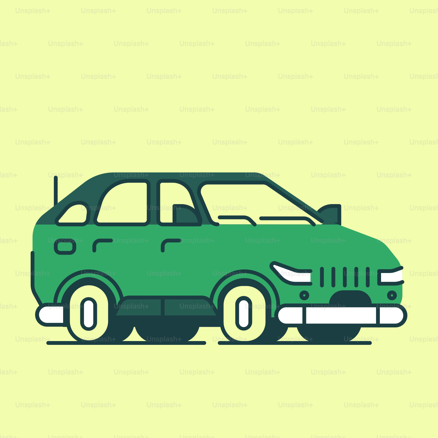 Une voiture verte est représentée sur un fond jaune