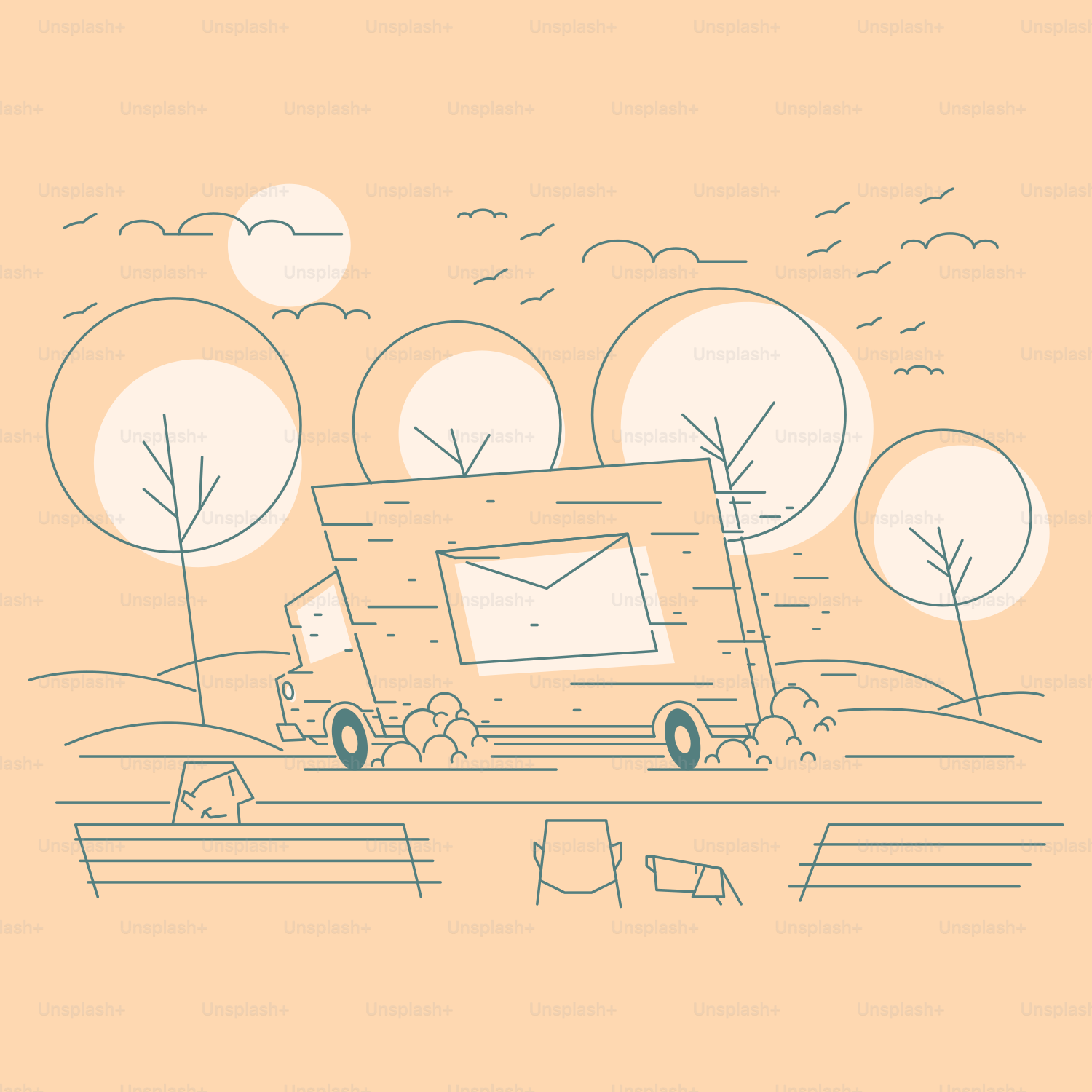 a drawing of a mailbox on a park bench