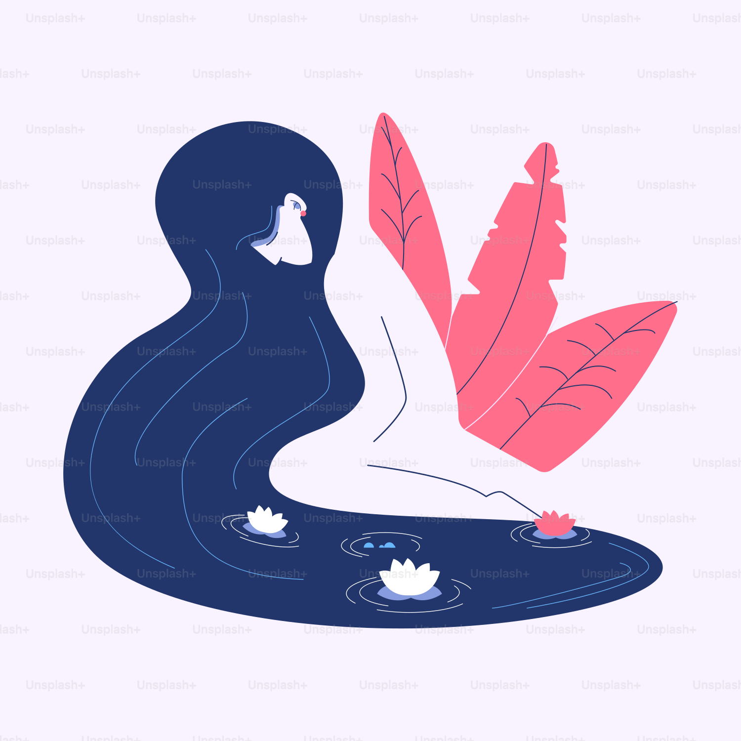 a woman with long hair sitting in a pond