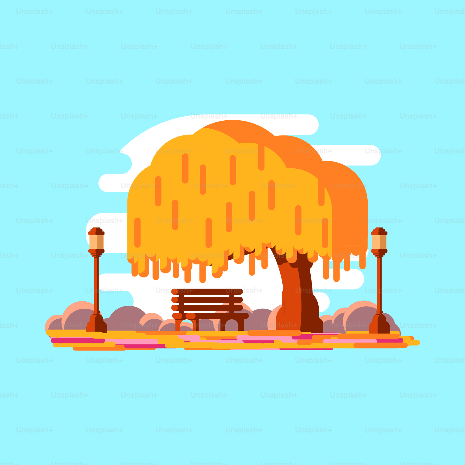 a bench under a tree with a yellow drizzle on it