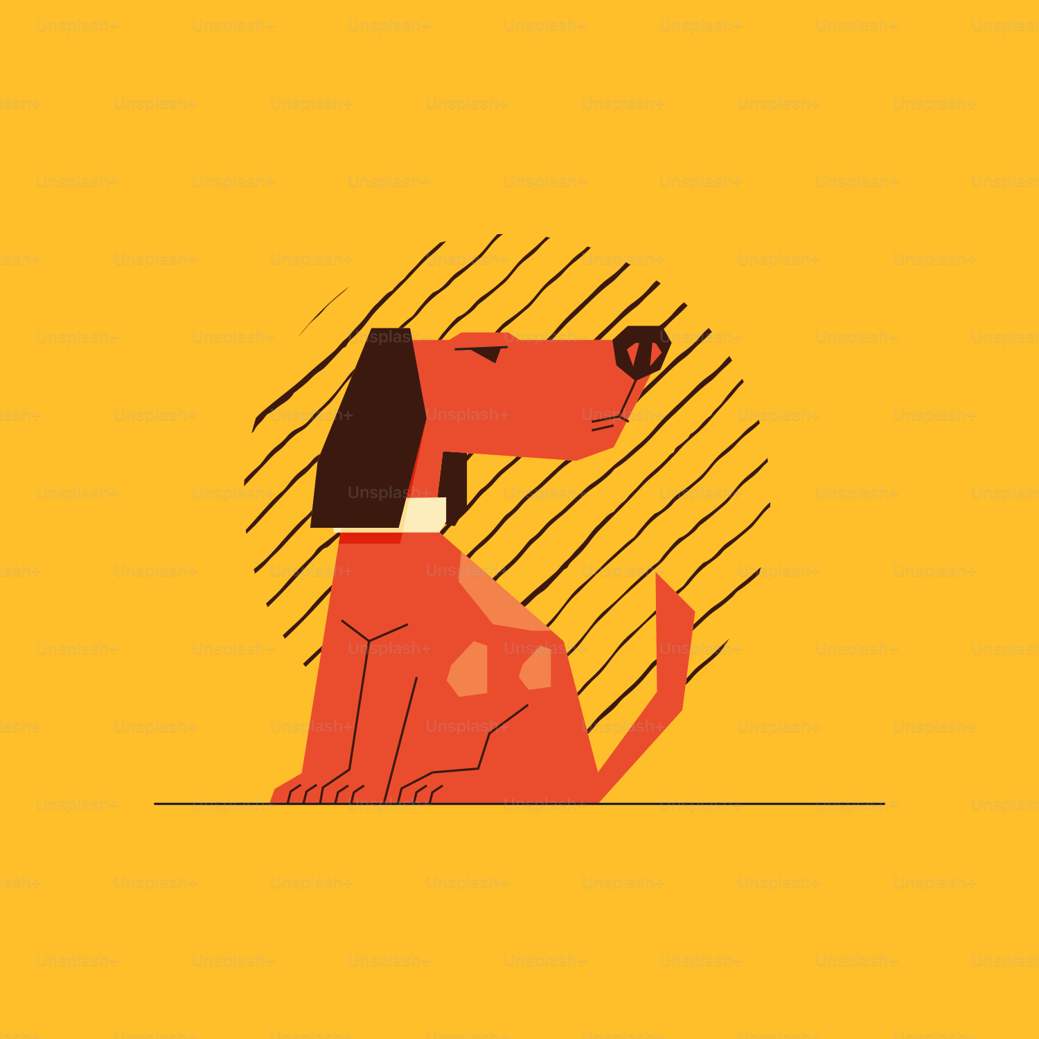 a red dog sitting on top of a yellow floor