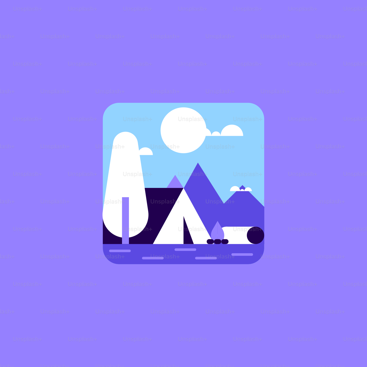 a purple background with mountains and a tent