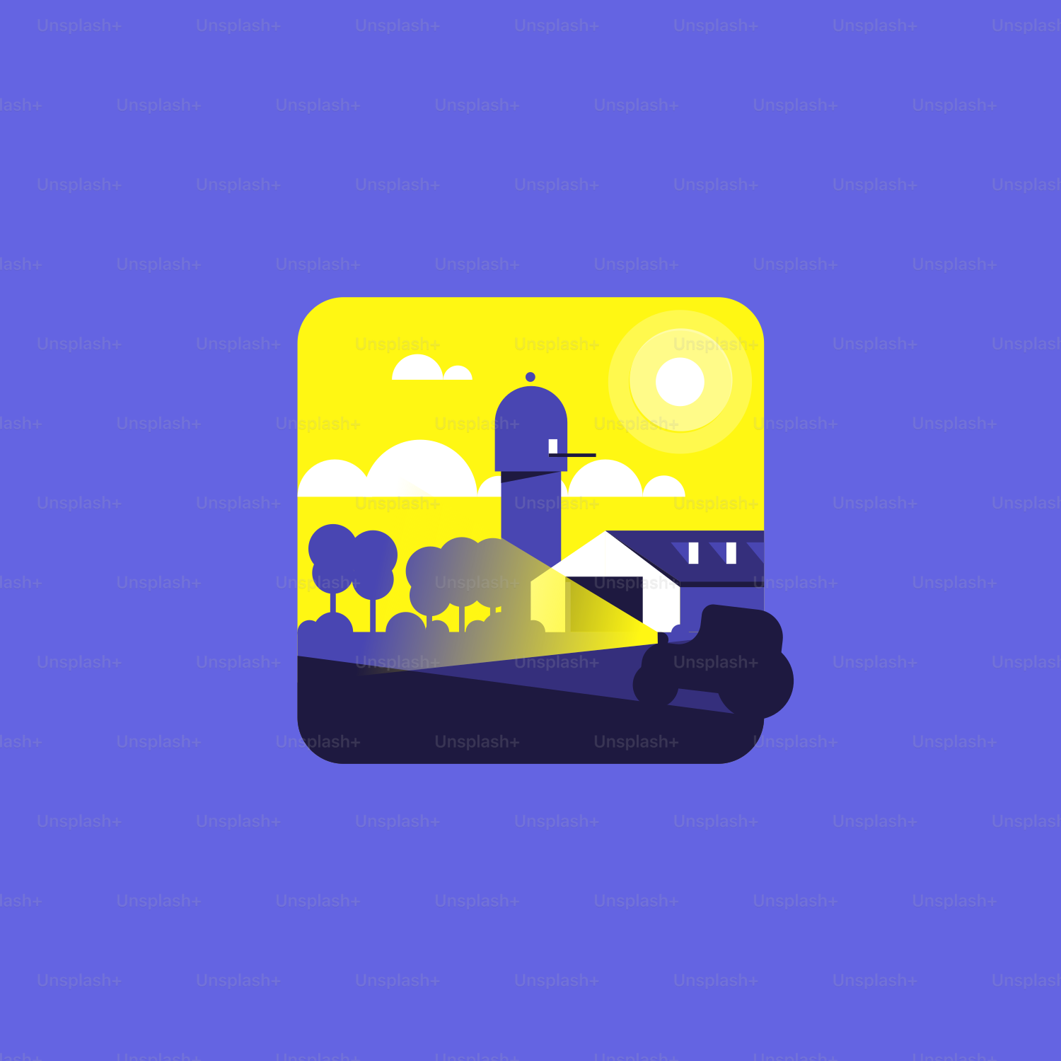 a blue and yellow background with a picture of a house