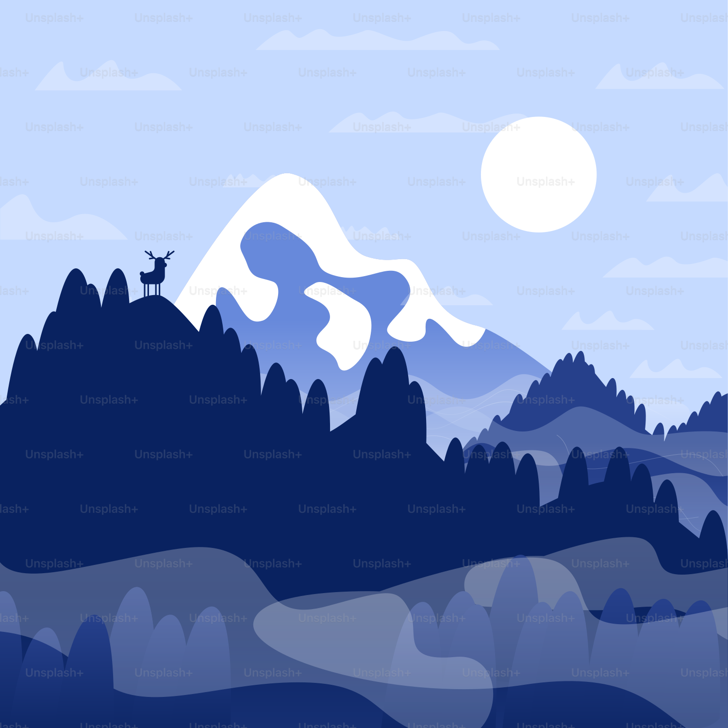 a mountain scene with a goat standing on top of a hill