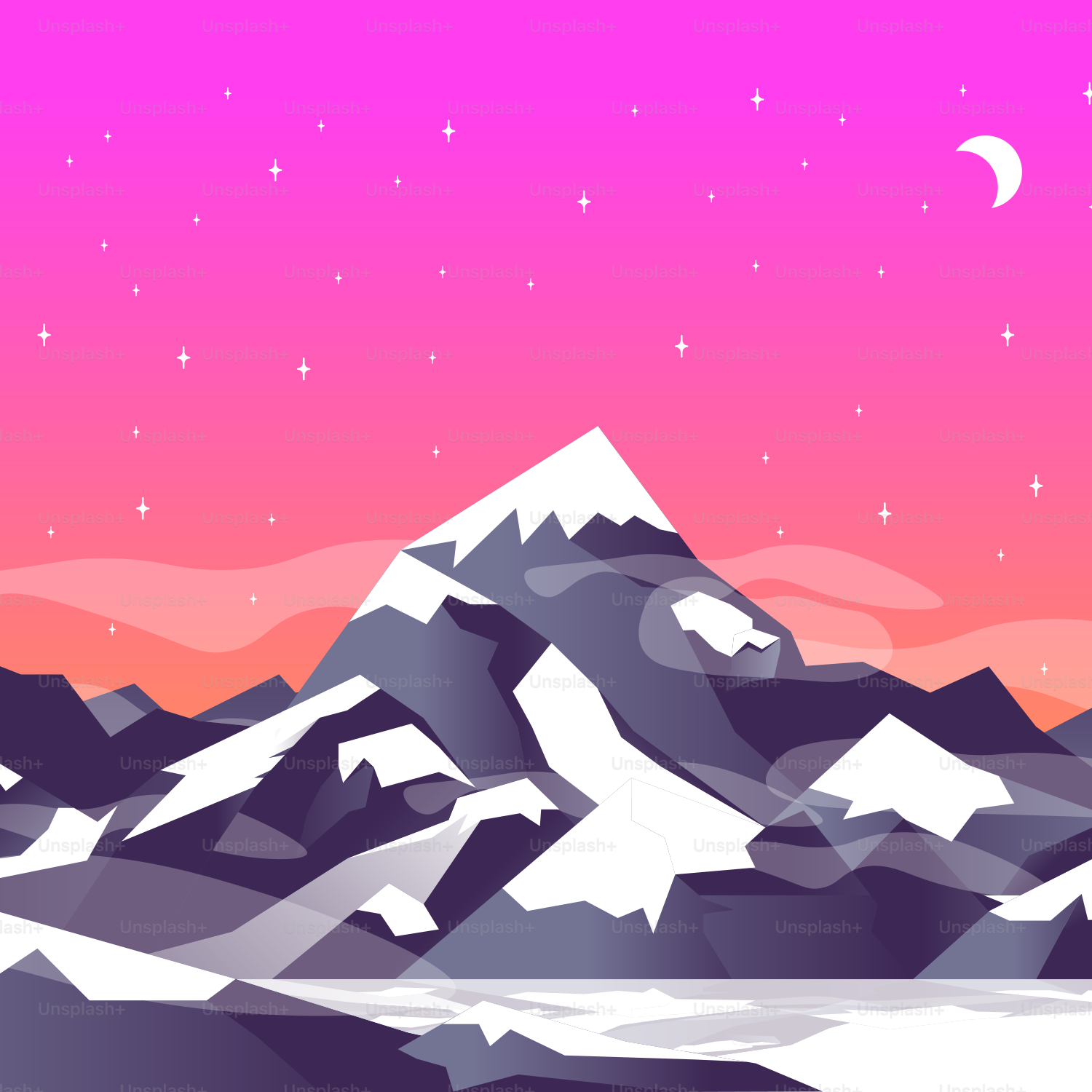 a mountain range with a pink sky and stars