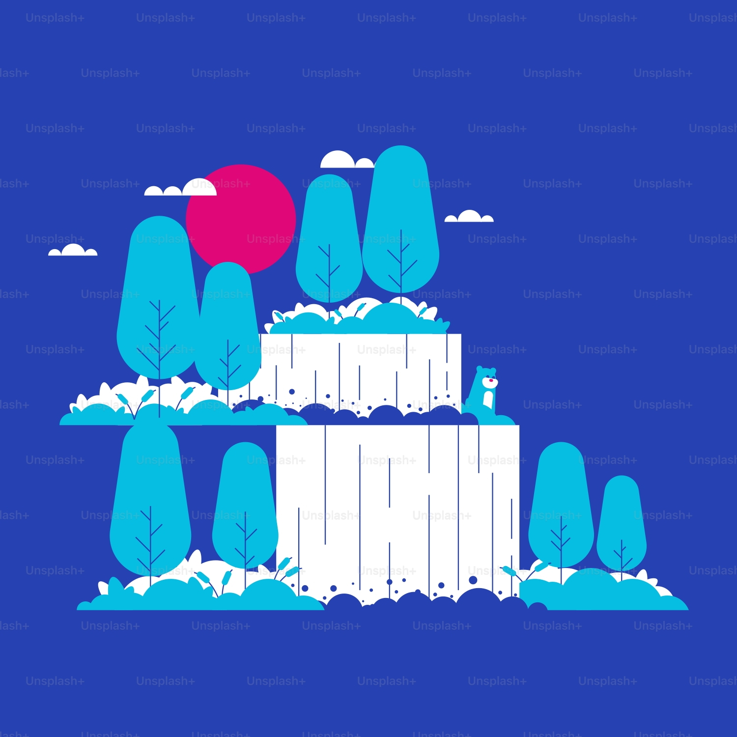 a blue and white landscape with trees and a red sun