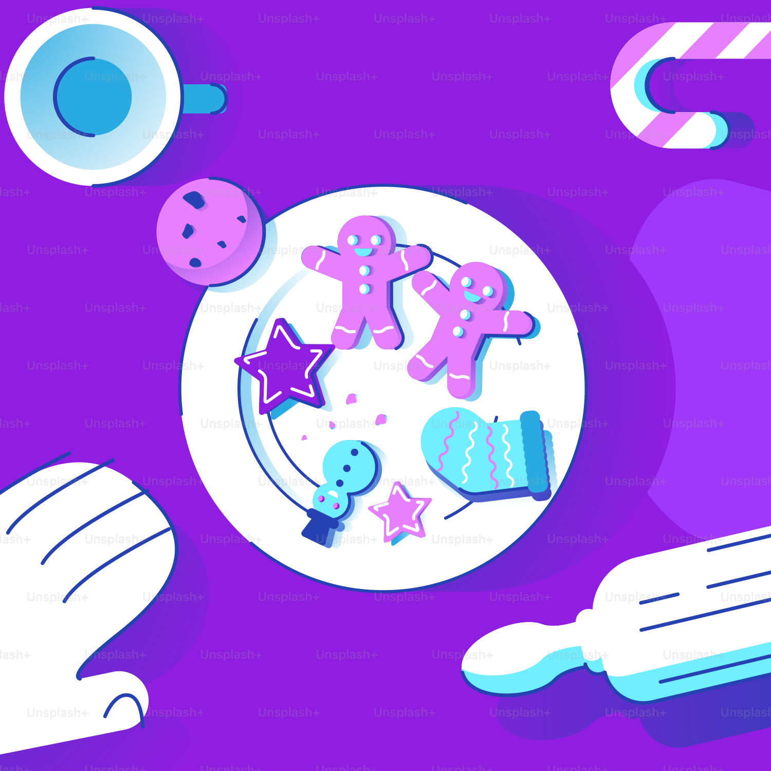 a plate of cookies and candy on a purple background