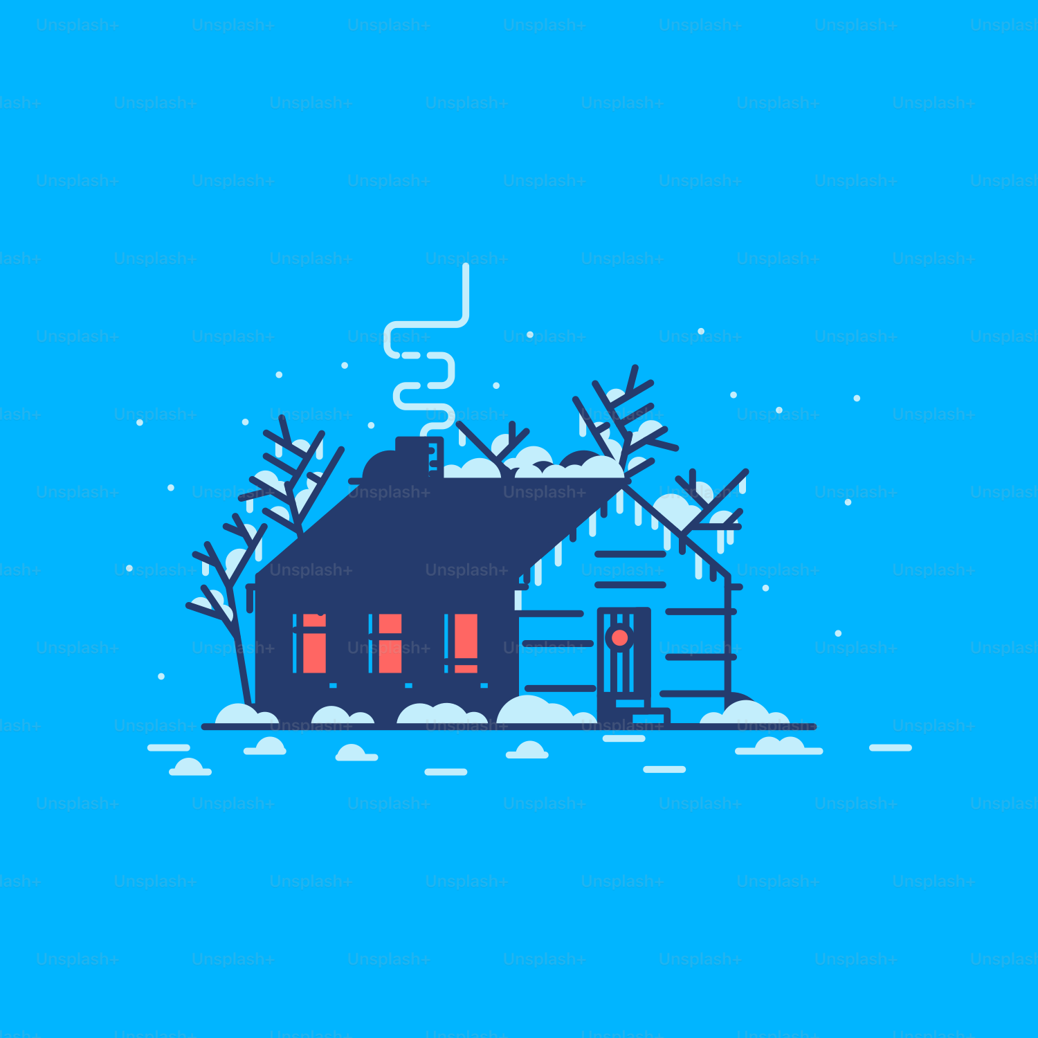 a blue background with a house and trees