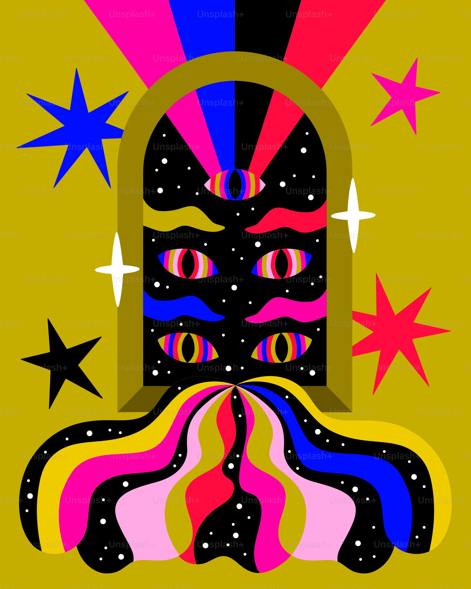 a painting of a person with multiple colored lines and stars