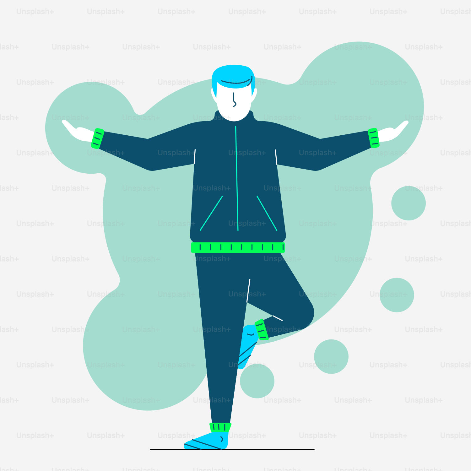 a man in a blue jacket and green pants