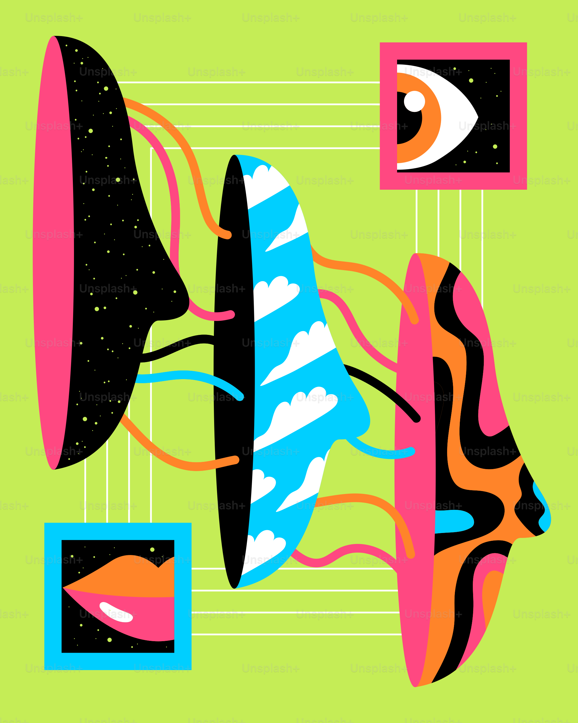 une peinture représentant le visage d’une femme entourée de formes abstraites