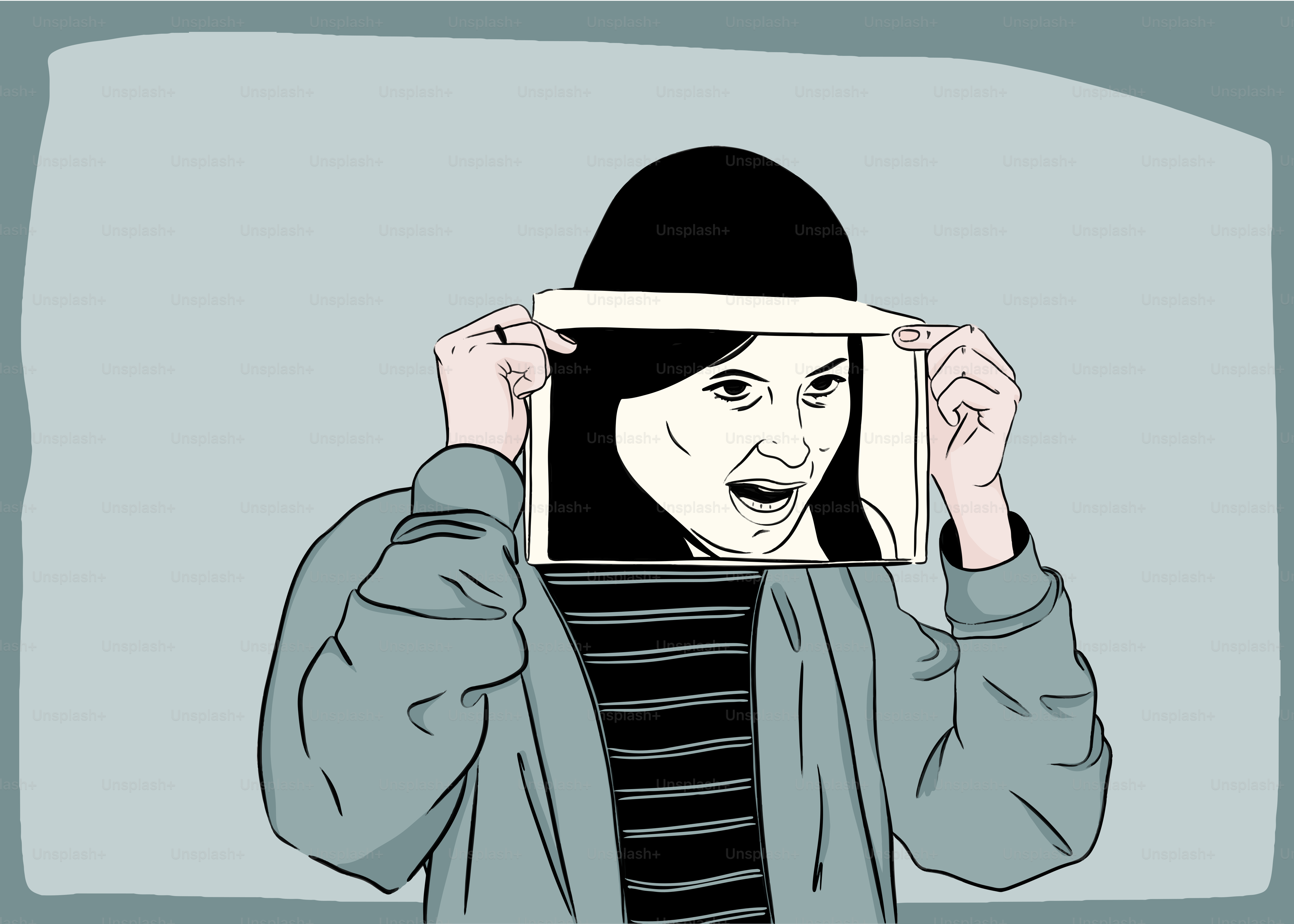a woman covering her face with a picture frame