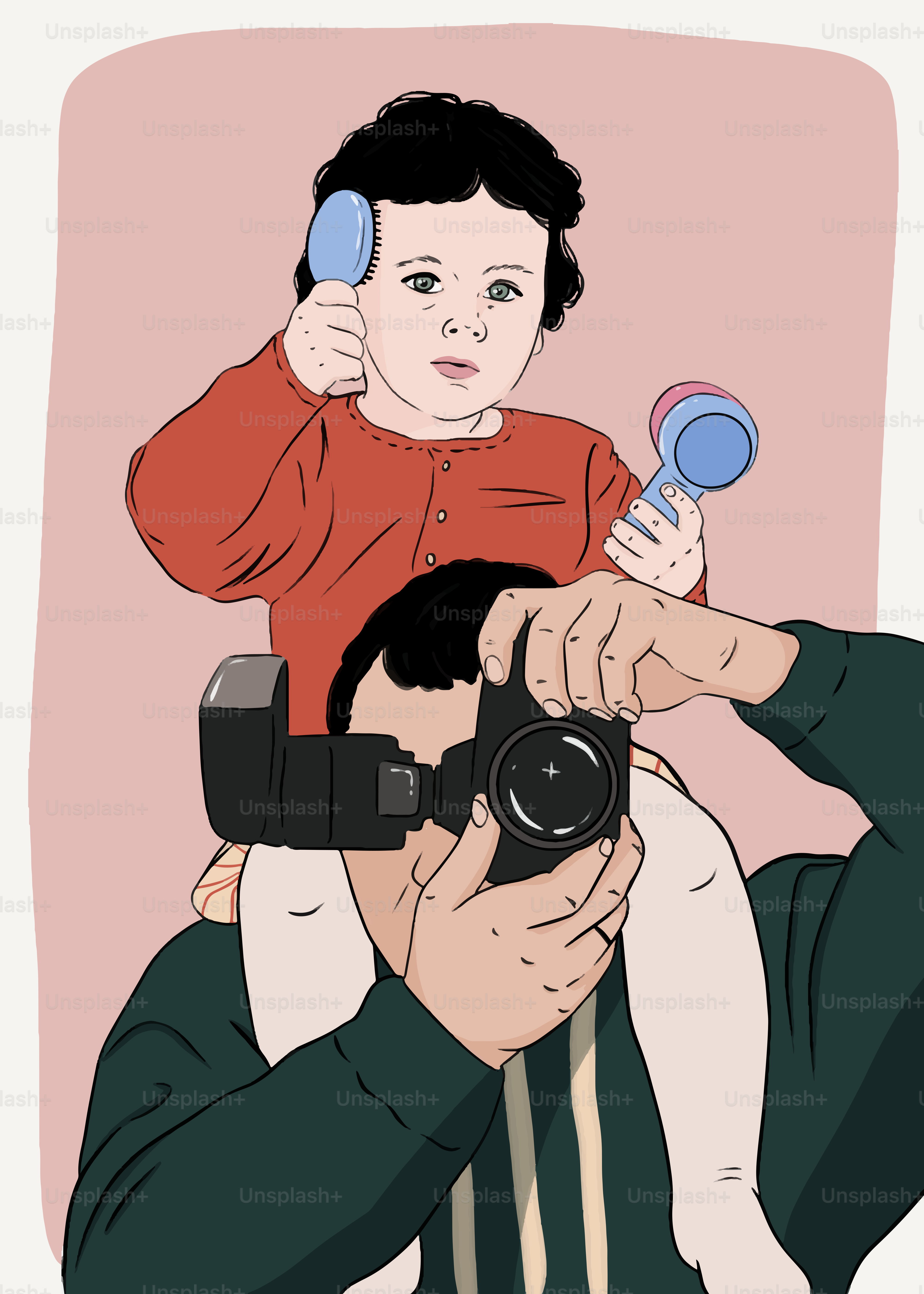 a man holding a child while holding a camera