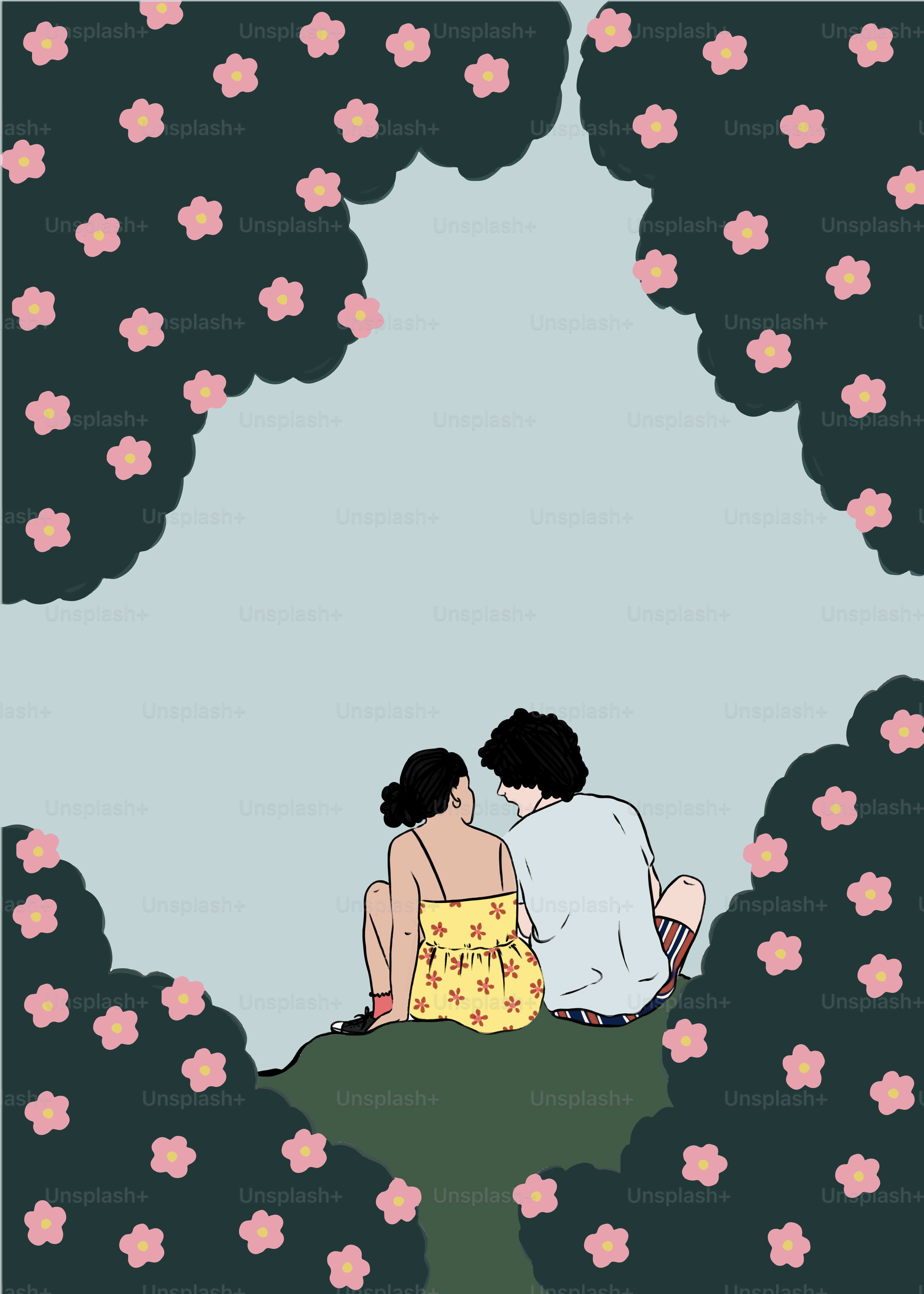 a couple of people sitting on top of a lush green field