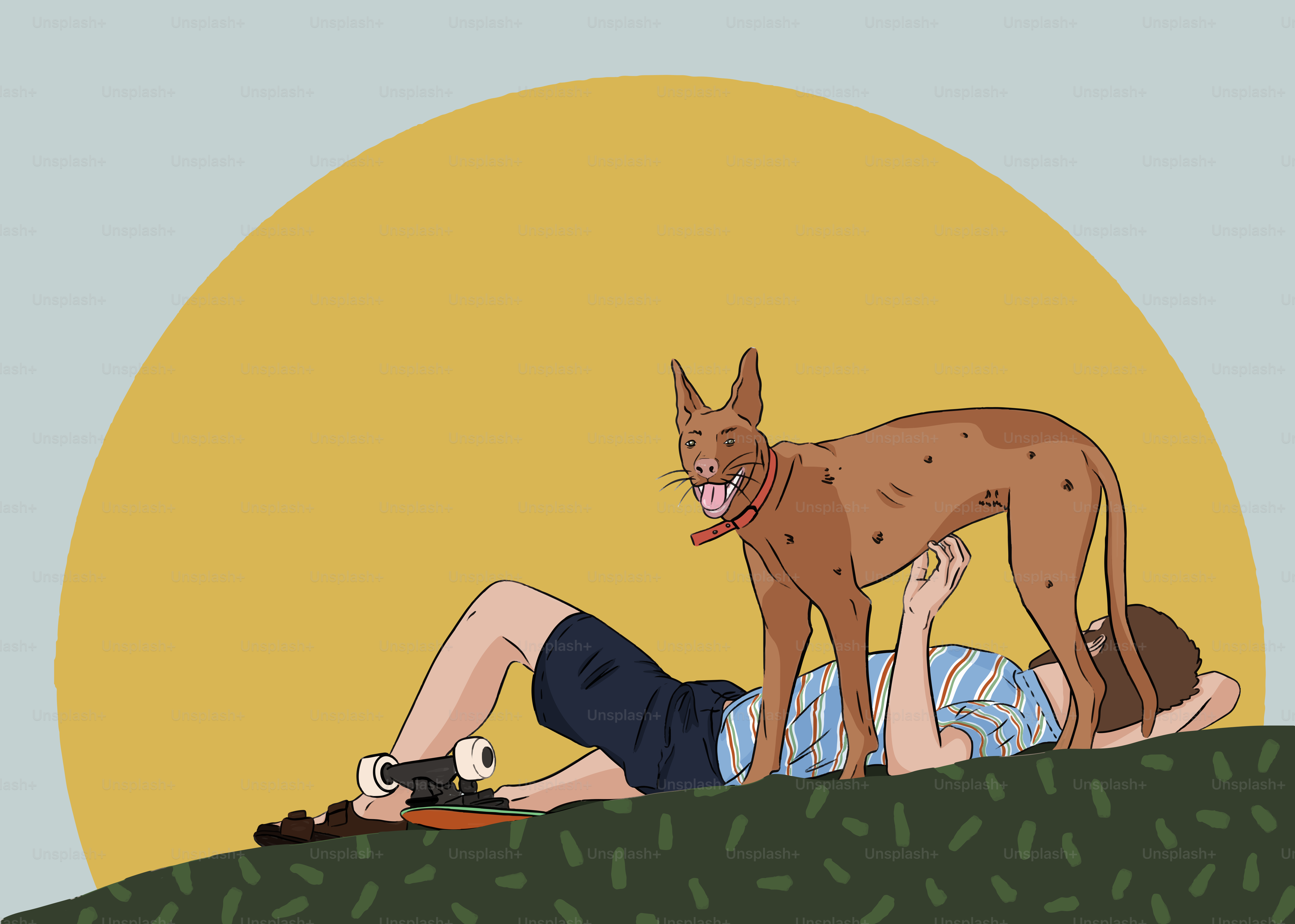 a man laying on the ground next to a dog