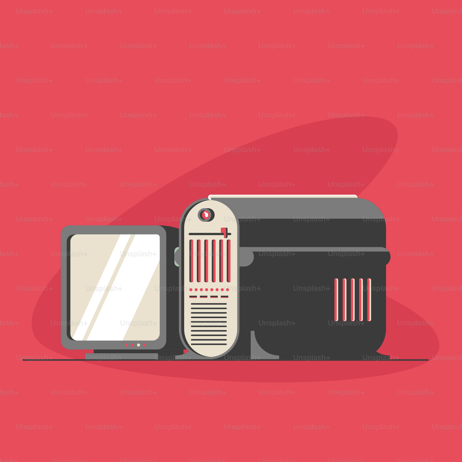 a computer and a television on a red background