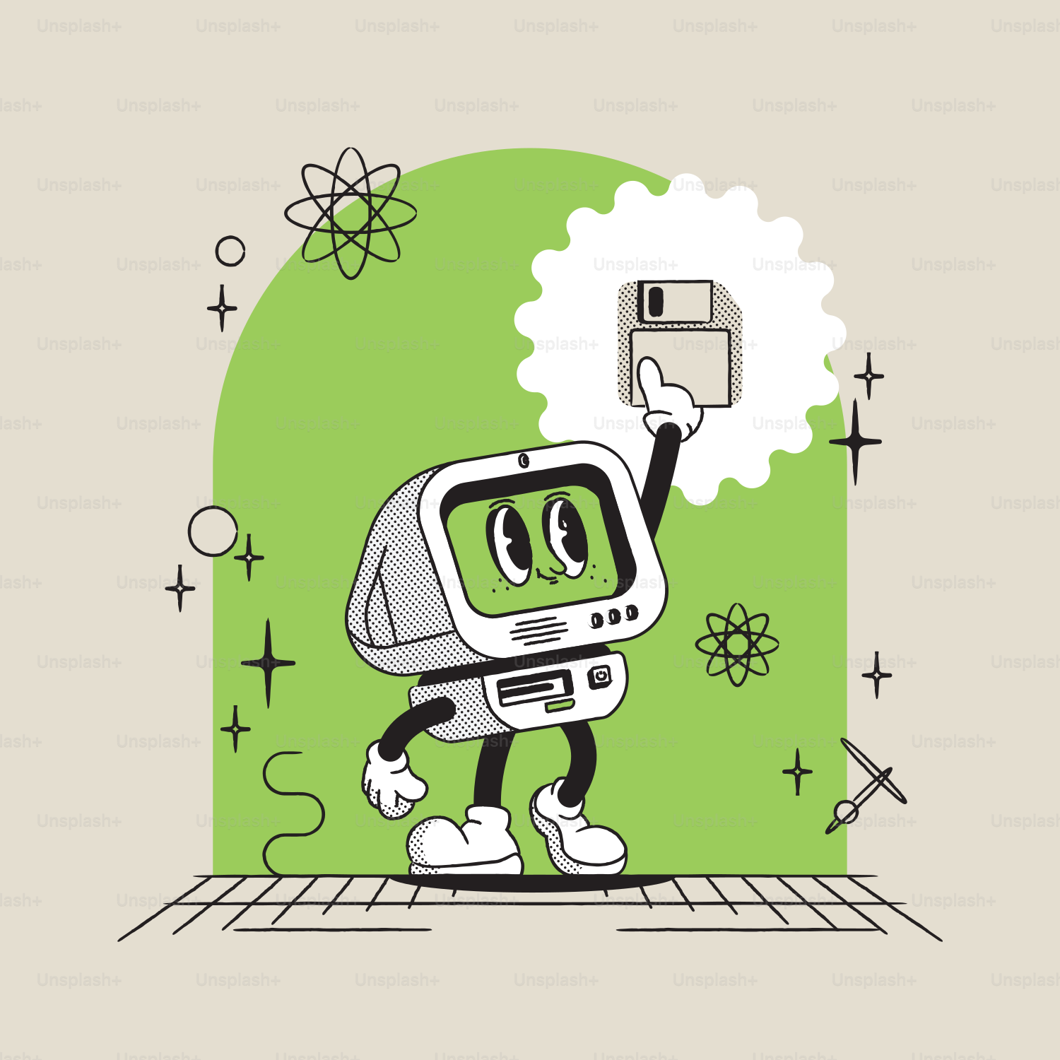 a cartoon character holding up a small tv