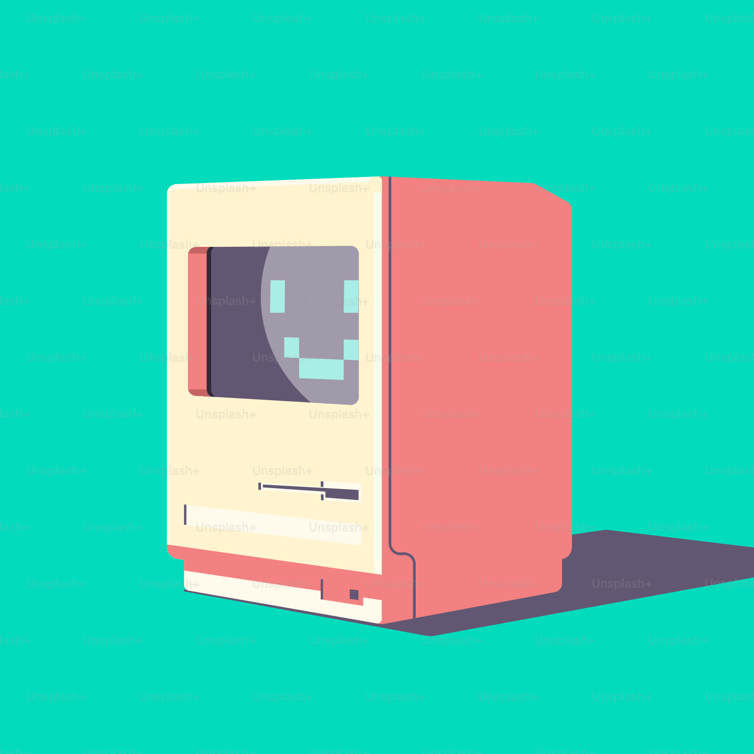 a pink computer with a green background