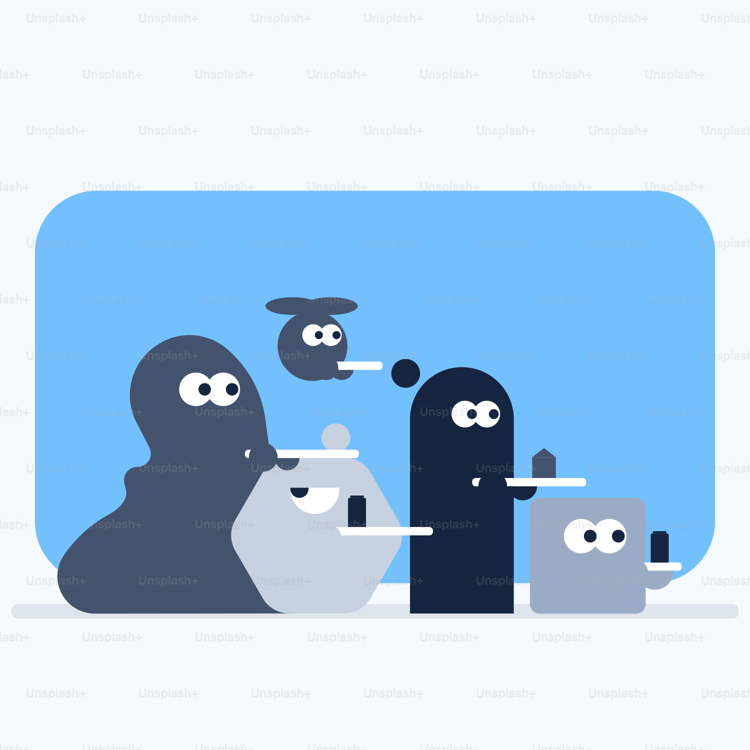 a group of cartoon characters sitting at a table