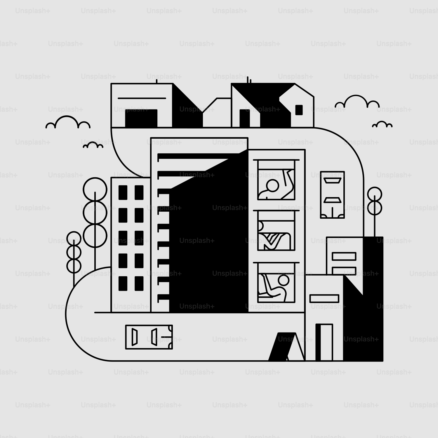 a black and white drawing of a city