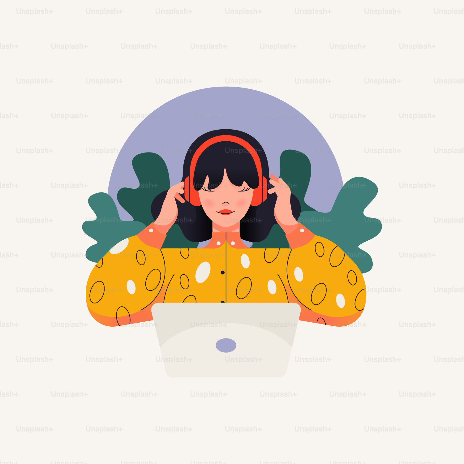 a woman with headphones is sitting in front of a laptop