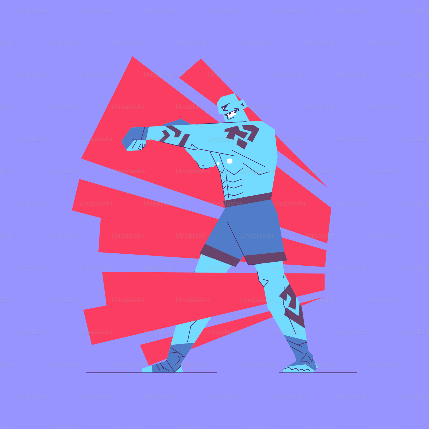 une image stylisée d’un catcheur en bleu et rouge