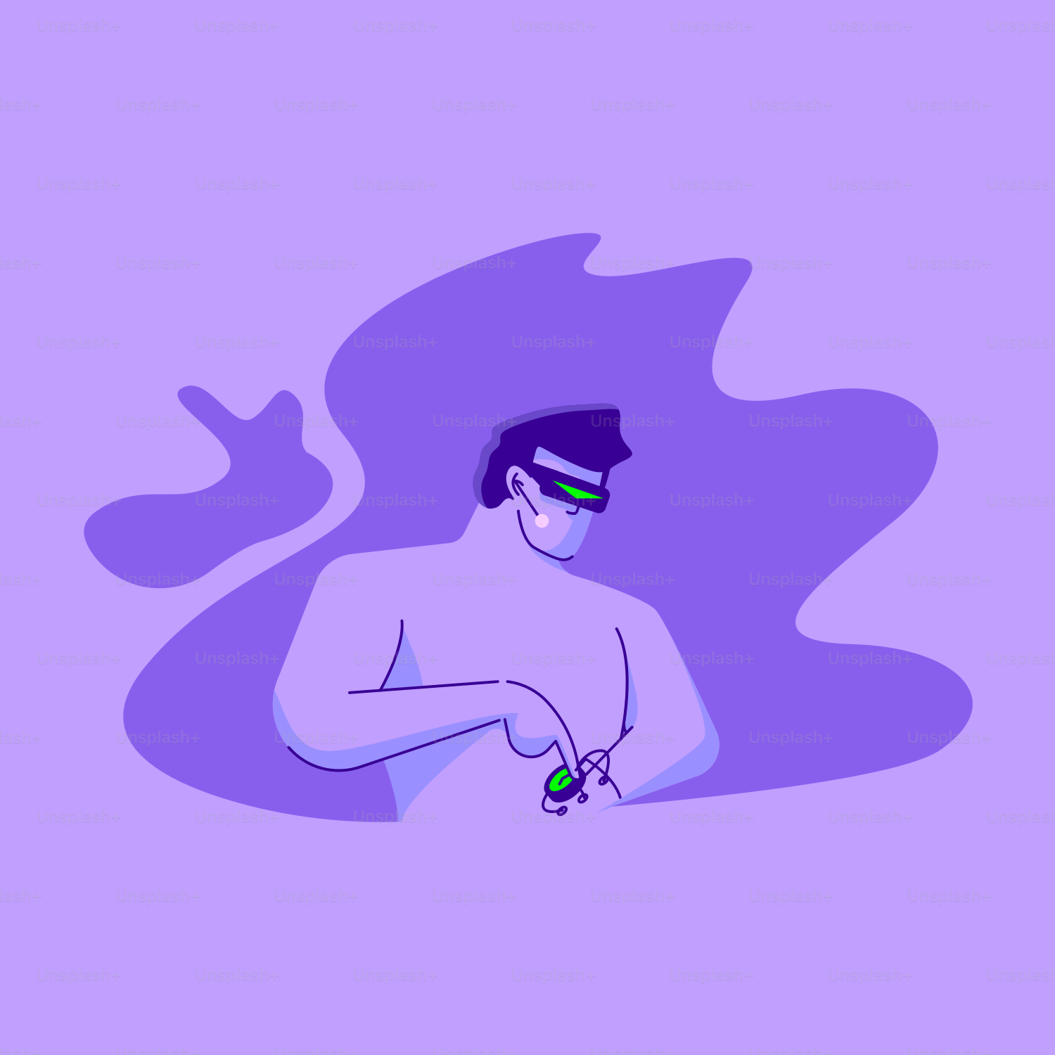 a man with a blindfolded face sitting in front of a purple background