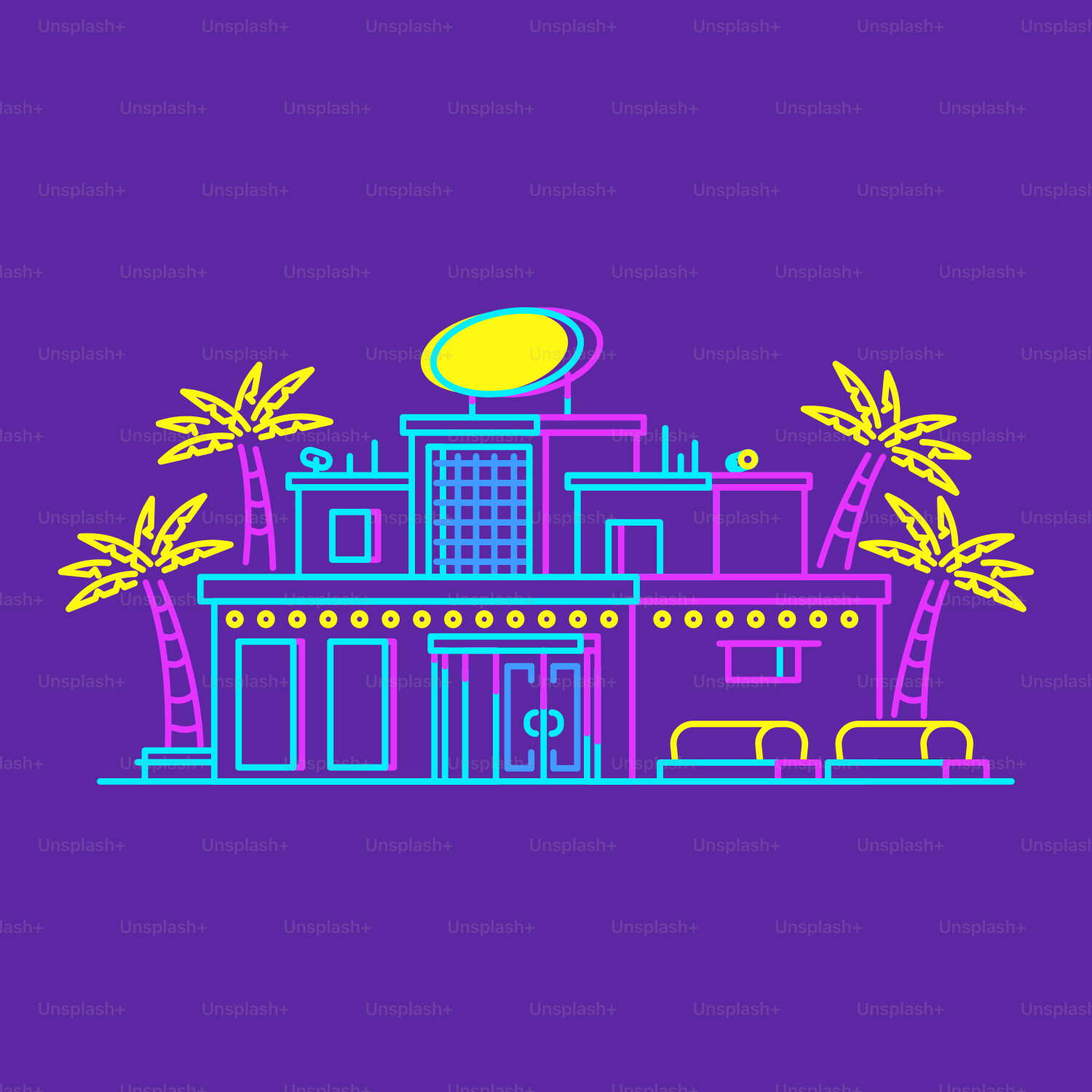 a drawing of a building with palm trees