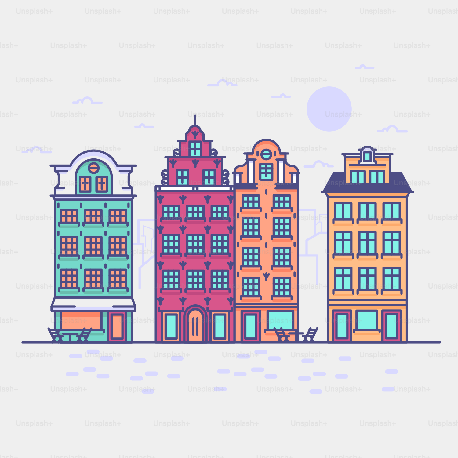 a line of buildings with a sky background