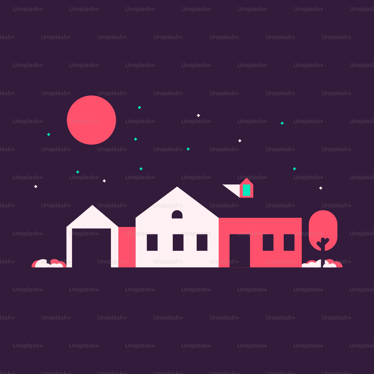 a house with a tree and a red moon in the background