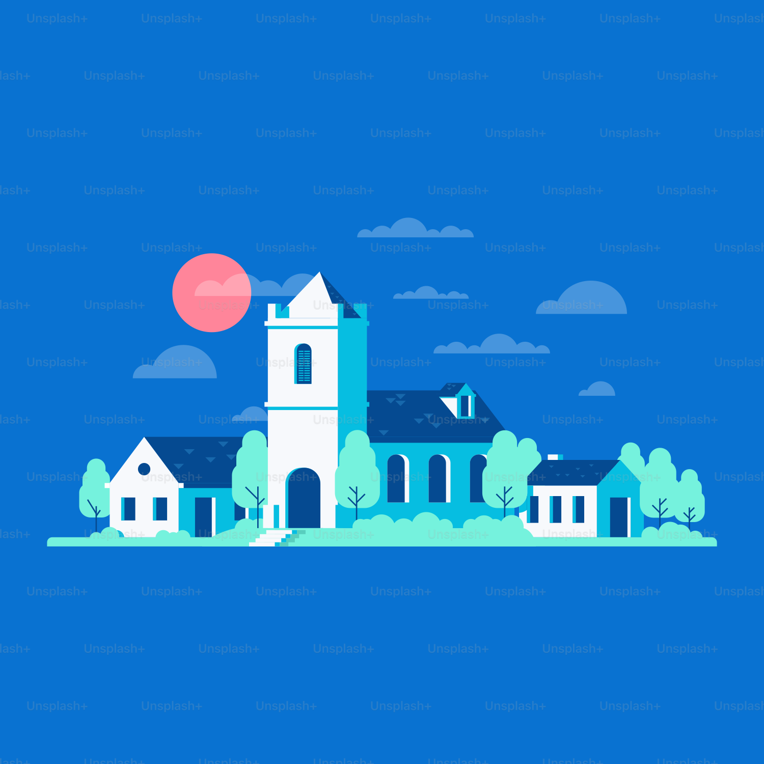 a blue and white church with a red sun in the background