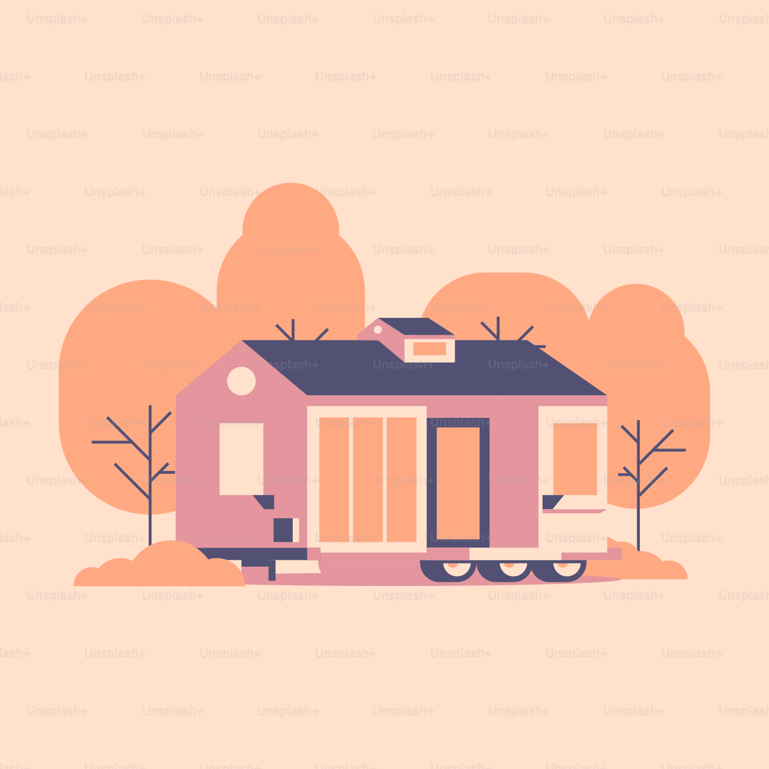 a small pink house with trees in the background