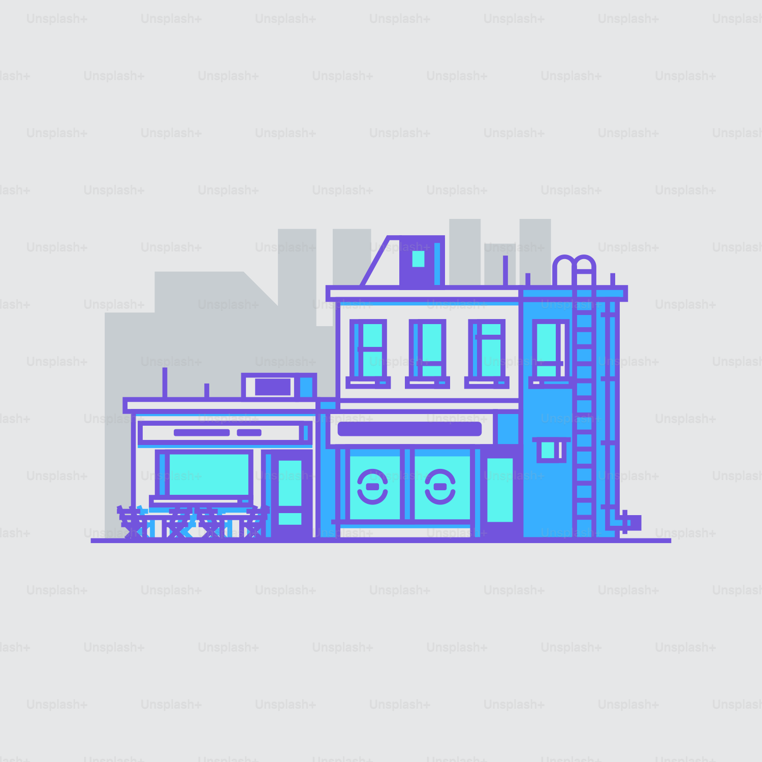 a drawing of a building with a ladder in front of it