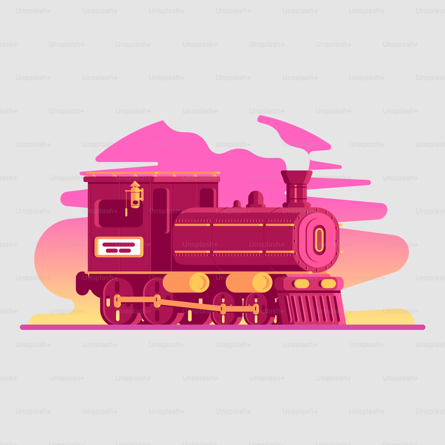 um trem rosa e vermelho descendo trilhos